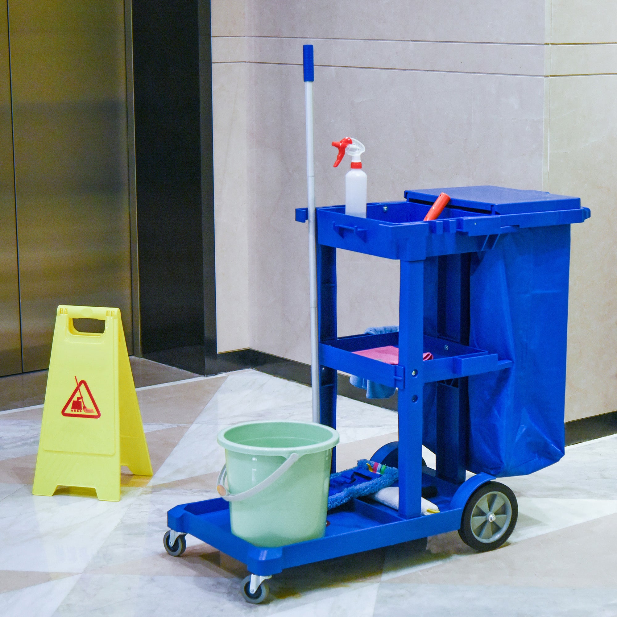 Commercial Janitorial Cart with 3 Tier Shelves Professional Cleaning Trolley with Rubbish Bag and Mop Mount for Hotel, Restaurant, Office, Blue Household Supplies at Gallery Canada