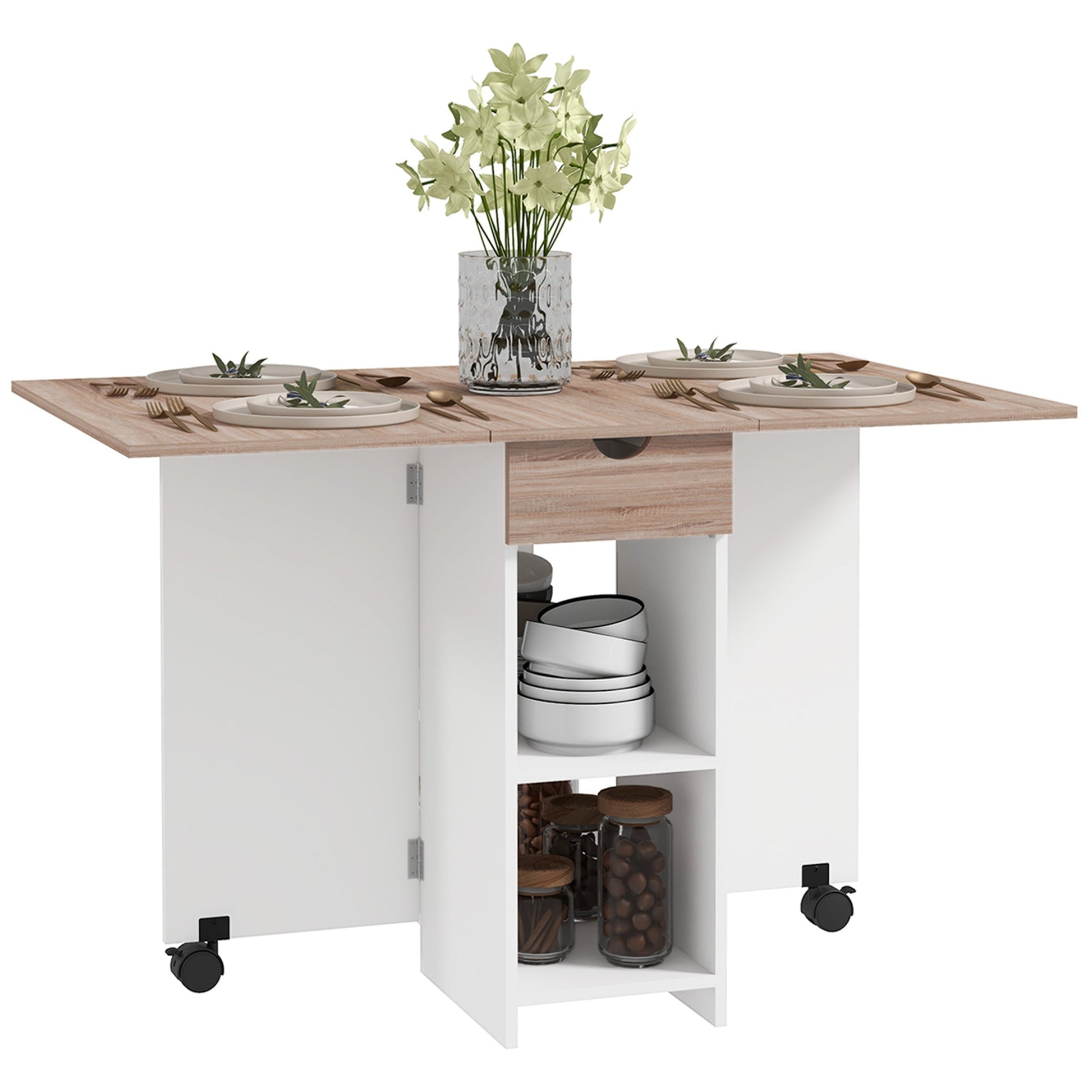 Folding Dining Table with Storage, Drop Leaf Kitchen Table with Drawer and Shelves for Small Spaces, Oak Bar Tables & Dining Tables Oak  at Gallery Canada