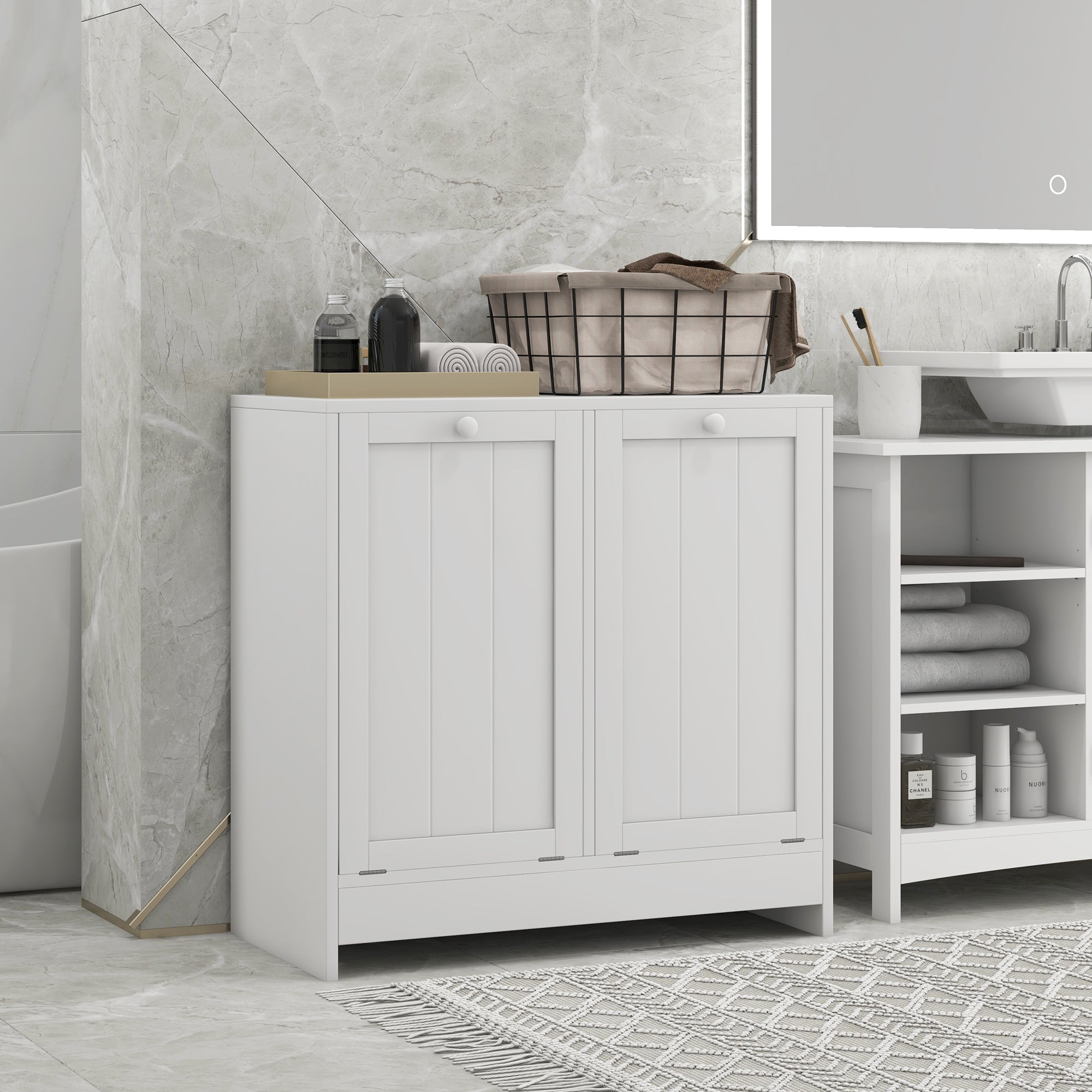 Tilt-Out Laundry Storage Cabinet, Modern Laundry Hamper with 2 Compartments for Bathroom Washroom, White Bathroom Cabinets at Gallery Canada