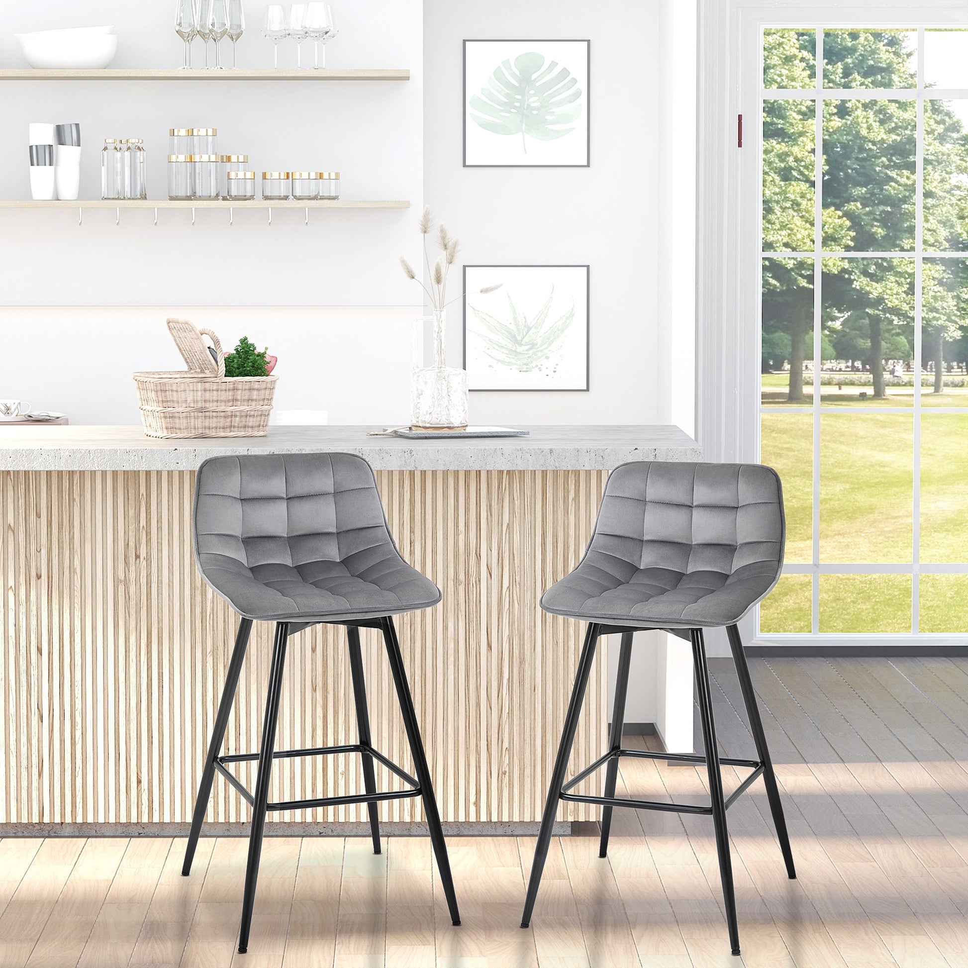 Bar Stools Set of 2, Fabric Upholstered Counter Height Bar Chairs, Kitchen Chairs with Back and Metal Legs, Grey Bar Stools   at Gallery Canada