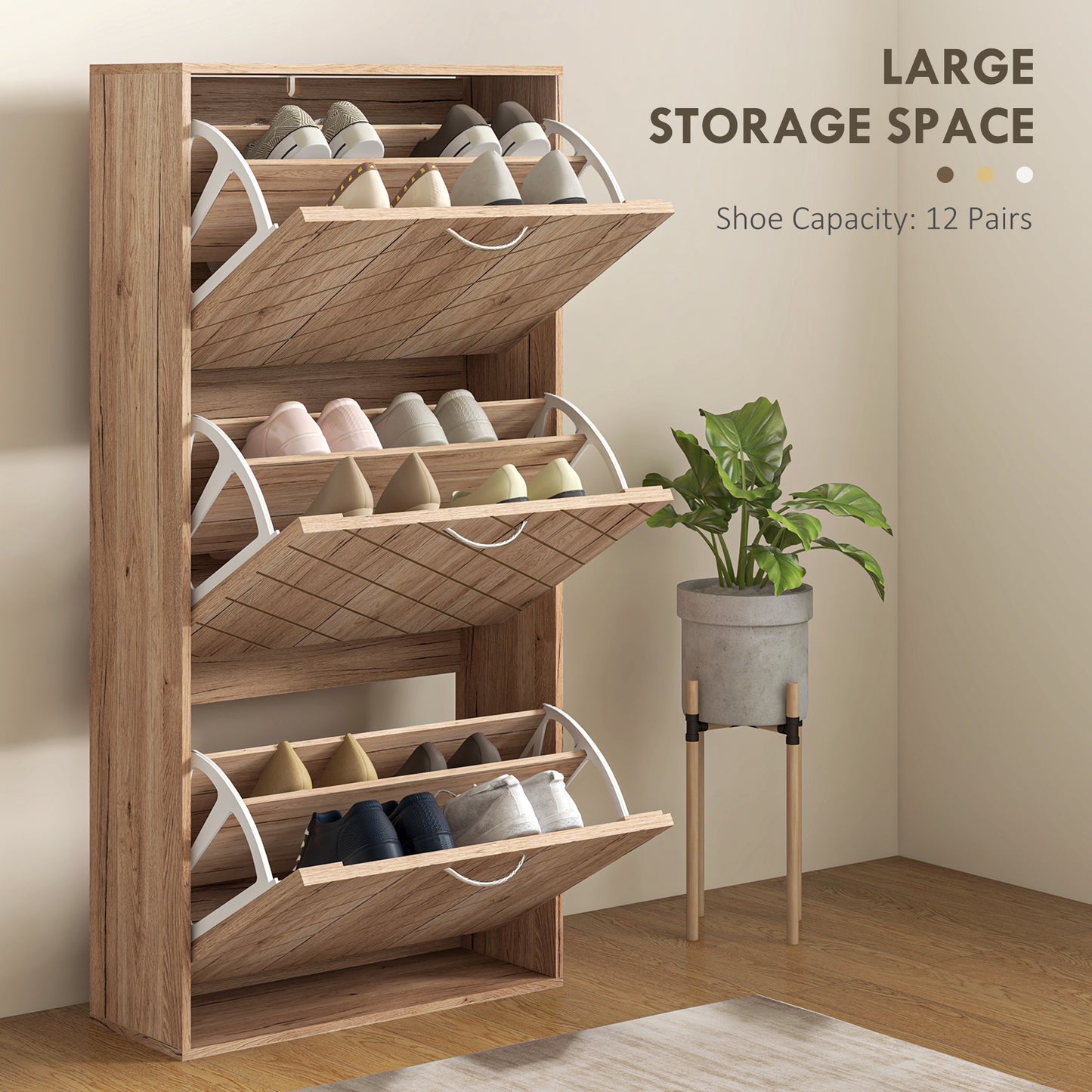 Shoe Storage Cabinet with 3 Flip Drawers, Narrow and Slim, 12 Pair of Shoes Organizer for Hallway, Entryway, Nature Wood Shoe Storage Cabinets & Racks   at Gallery Canada