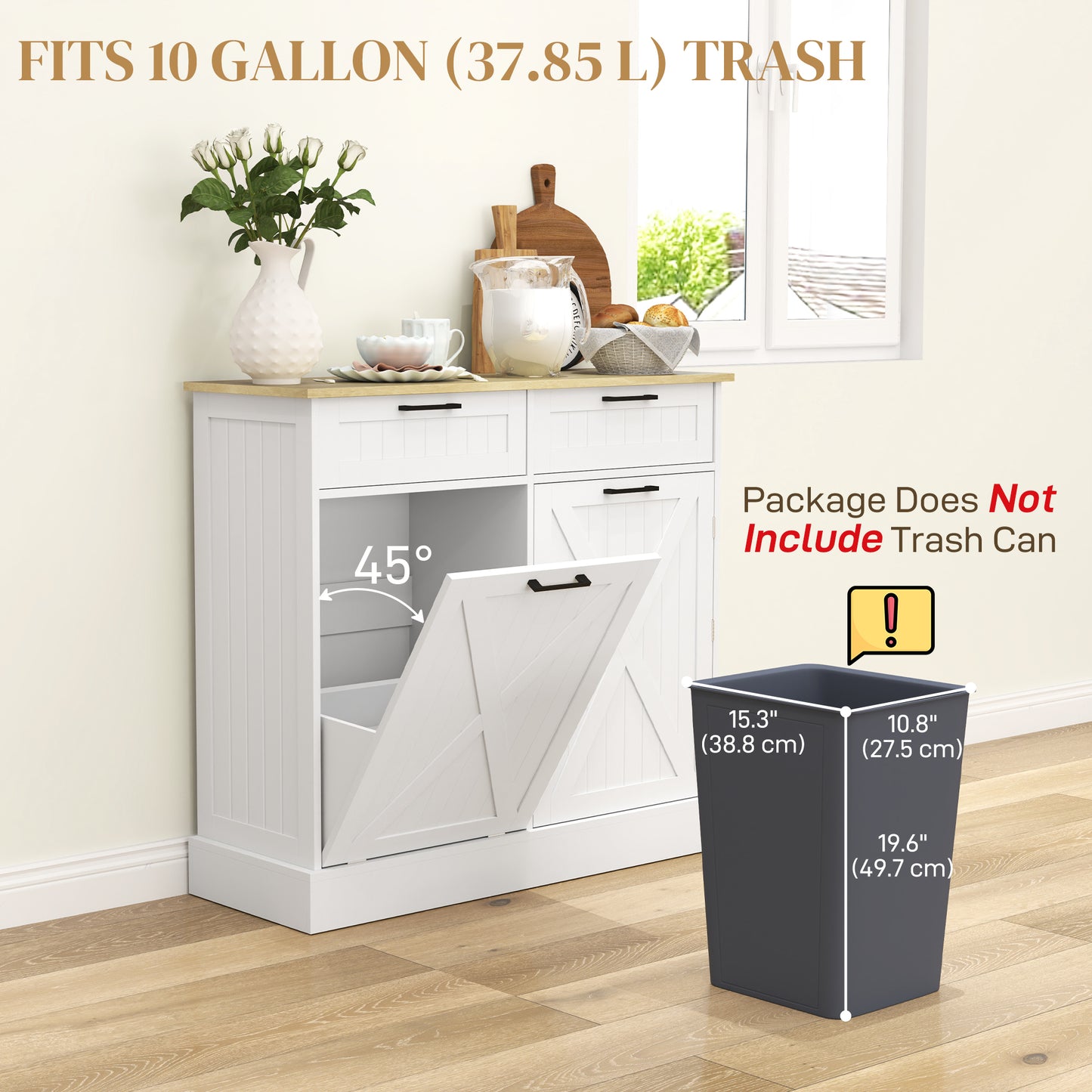 Hidden Garbage Bin Cabinet, Tilt Out Trash Cabinet w/ 2 Drawers, Freestanding Kitchen Island for Laundry, White Bar Cabinets   at Gallery Canada