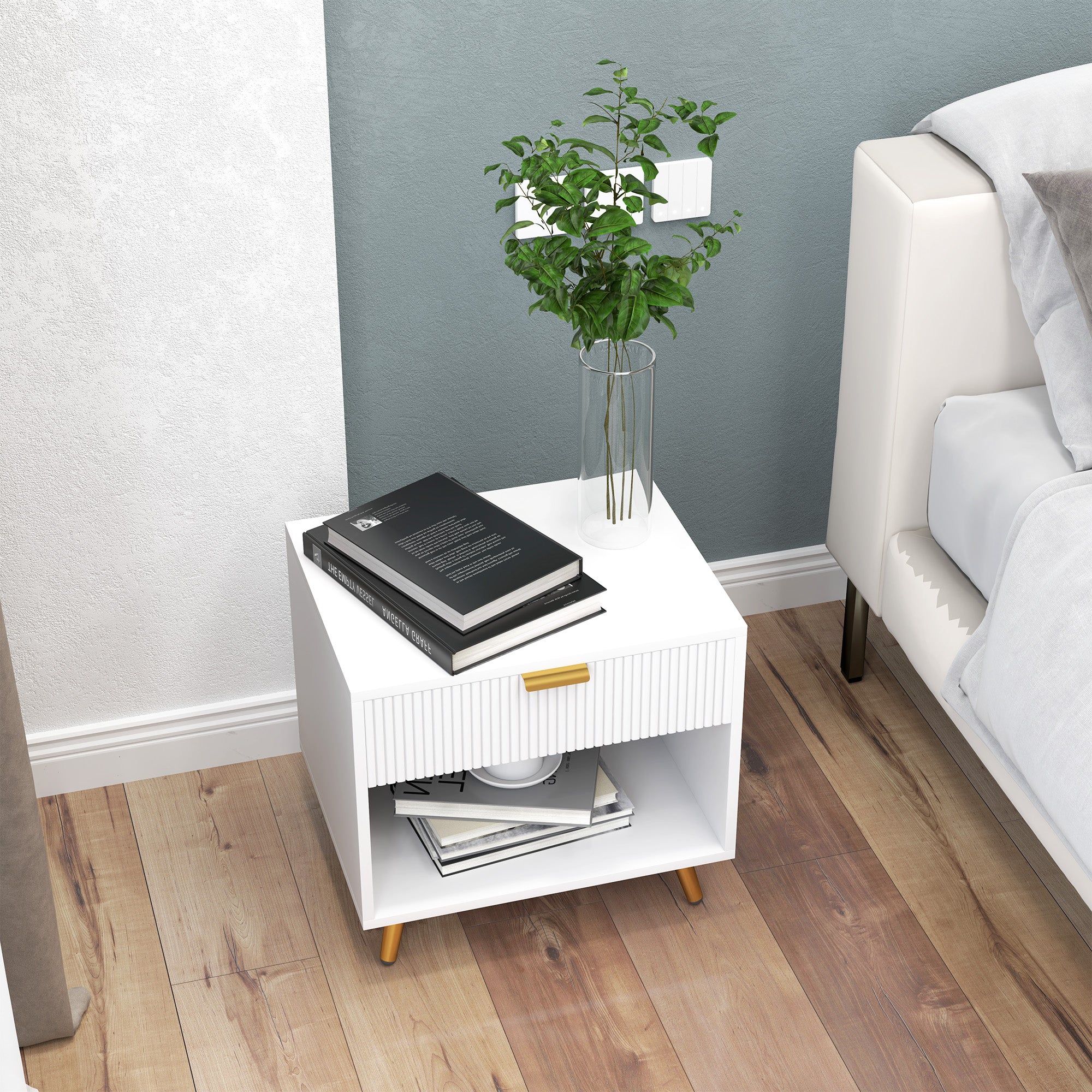 Nightstand with Fluted Panel, Bedside Table with Drawer and Open Compartment, Modern Night Table for Bedroom, White Bedside Tables at Gallery Canada