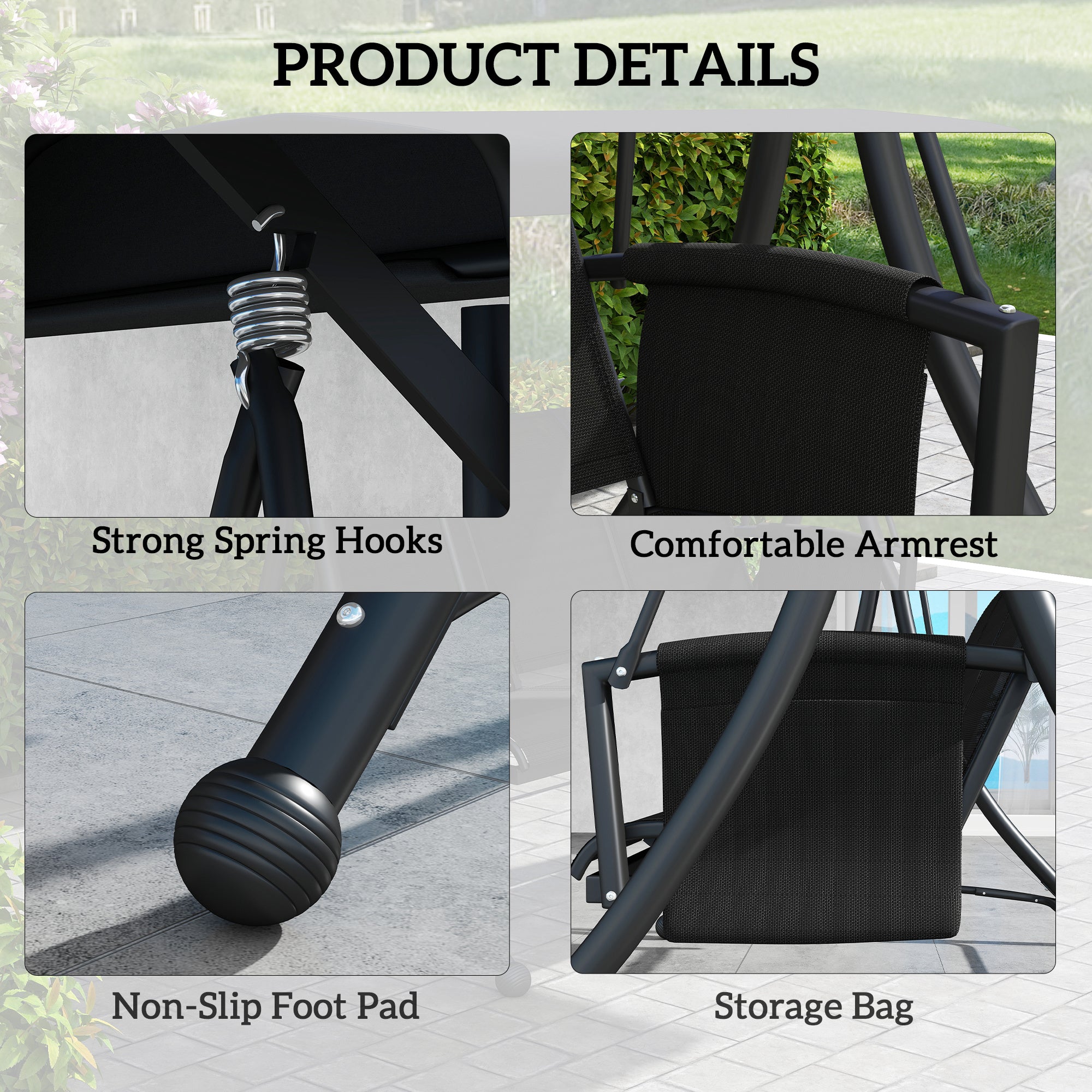 3 Person Outdoor Porch Swing Chair with Adjustable Canopy, Black Porch Swings with Canopy at Gallery Canada