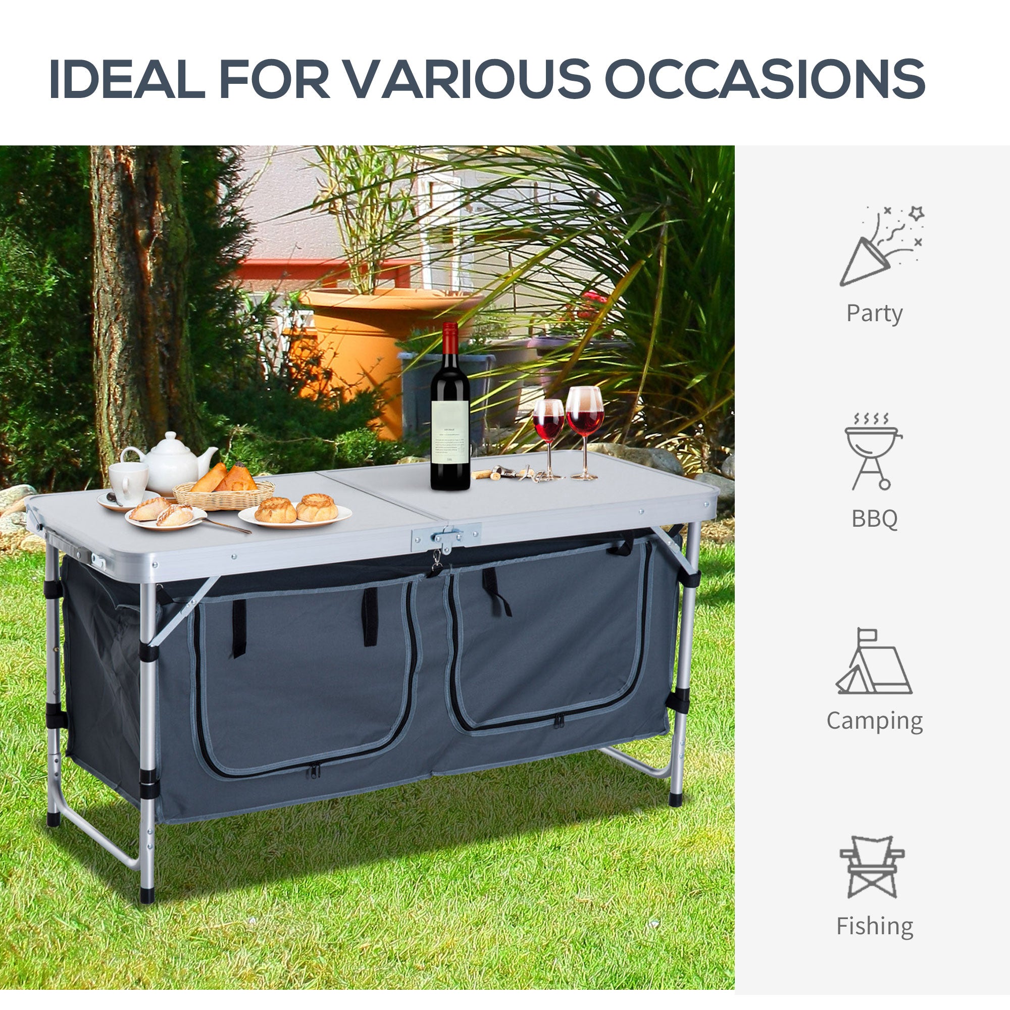 Outdoor Aluminum Folding Picnic Table Height Adjustable with Storage Organizer BBQ Camping Picnic Tables & Camping Chairs at Gallery Canada