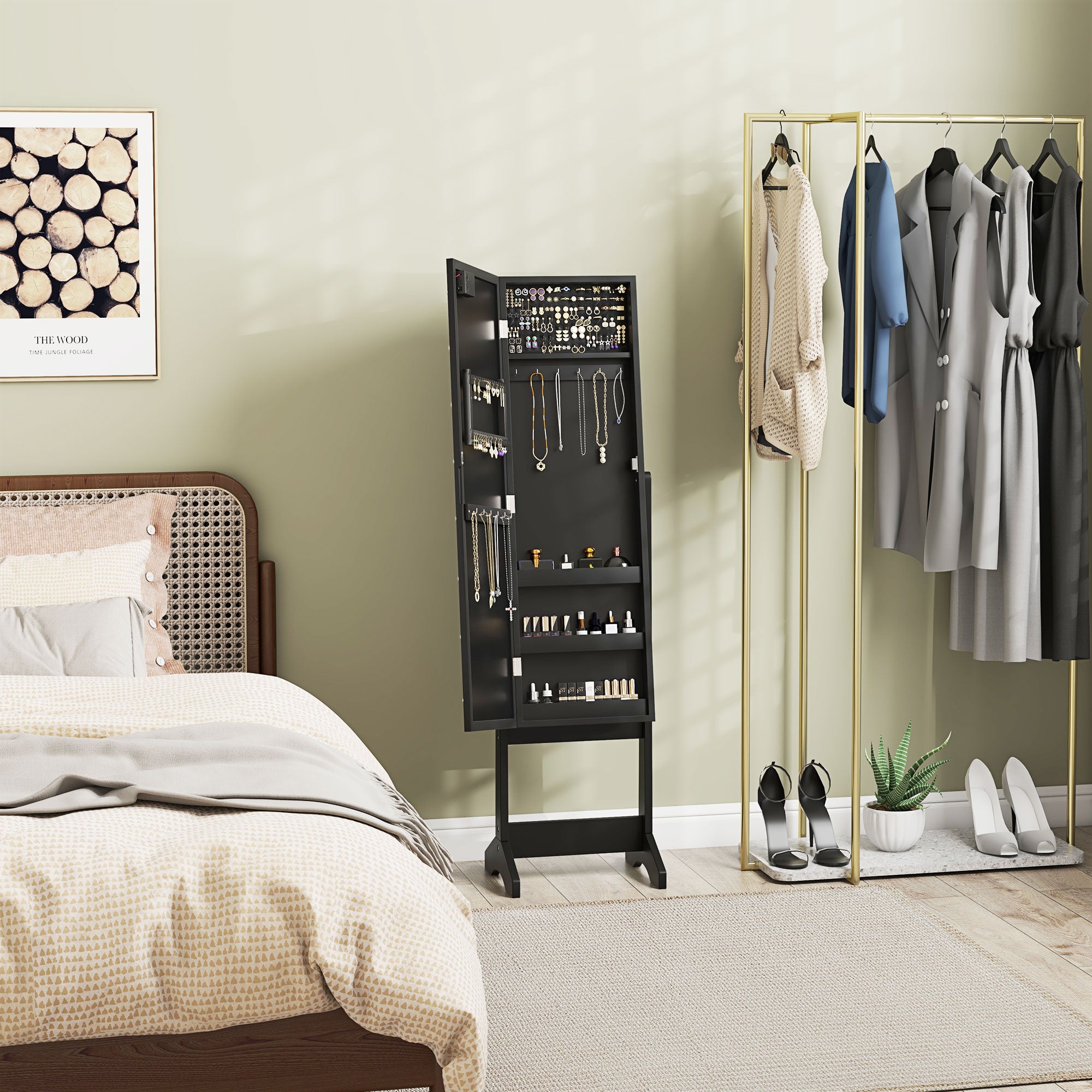 Free Standing Armoire Organizer, Lighted Mirrored Jewelry Cabinet w/ Angle Adjustable &; 16 LED Lights Black Jewelry Armoire & Jewellery Mirror Cabinets at Gallery Canada