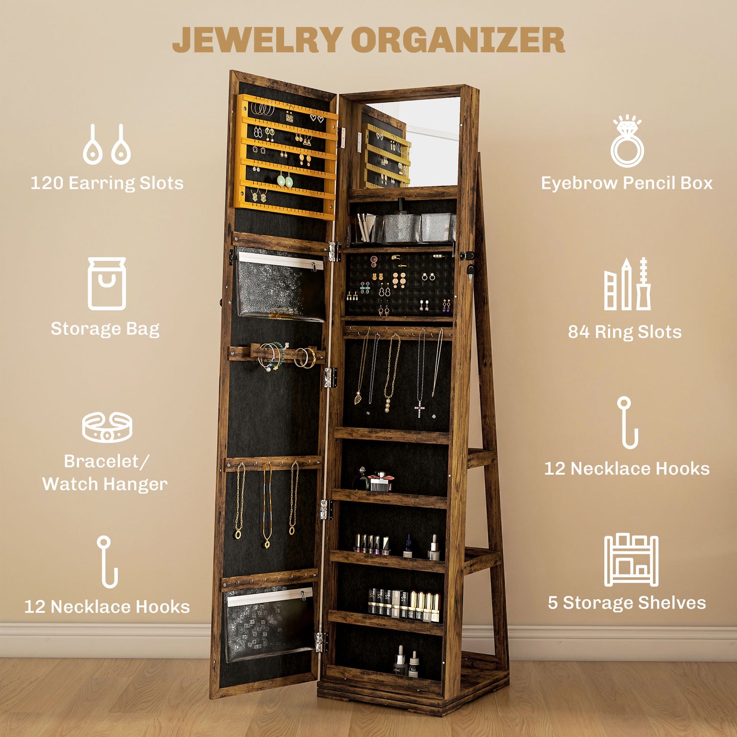 360° Swivel Jewelry Armoire, Lockable Mirror Jewelry Cabinet with Built-In Small Mirror, Rustic Brown Jewelry Armoire & Jewellery Mirror Cabinets   at Gallery Canada