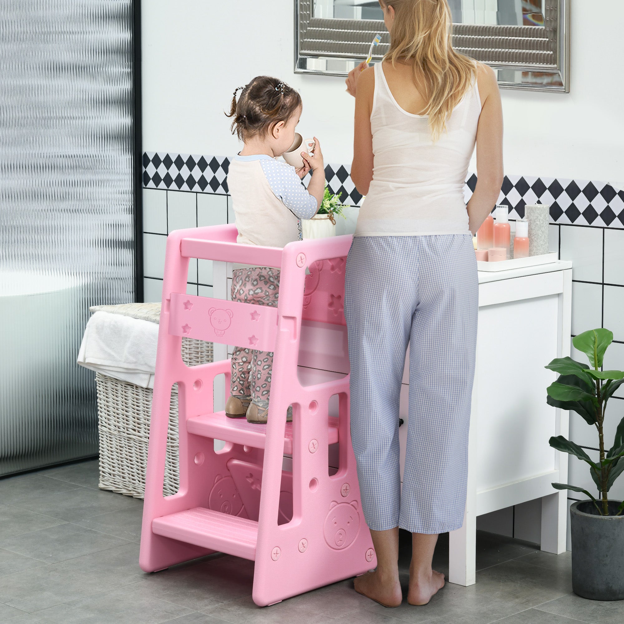 Toddler Kitchen Helper 2 Step Stool with Adjustable Height Platform and Safety Rail, Pink Toddler & Kids Step Stools at Gallery Canada