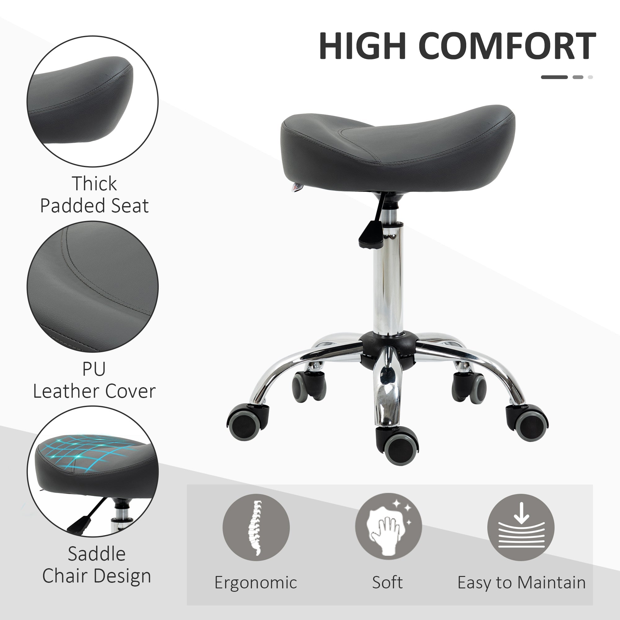 Saddle Stool, Height Adjustable Rolling Salon Chair with PU Leather for Massage, Spa, Clinic, Beauty and Tattoo, Grey Salon Stools   at Gallery Canada