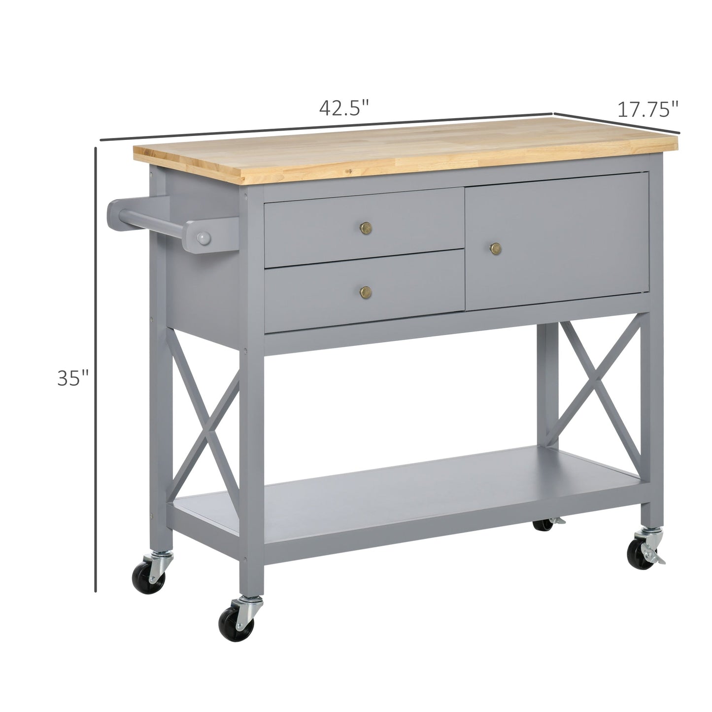 Utility Kitchen Cart Rolling Kitchen Island Storage Trolley with Rubberwood Top, 2 Drawers, Towel Rack, Gray - Gallery Canada