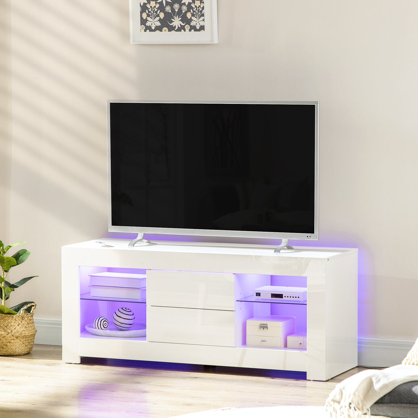 TV Stand with LED Lights for TVs up to 55", TV Cabinet with Storage Shelves and Drawers, 47.2"x15.7"x19.7", White TV Stands High Gloss White  at Gallery Canada