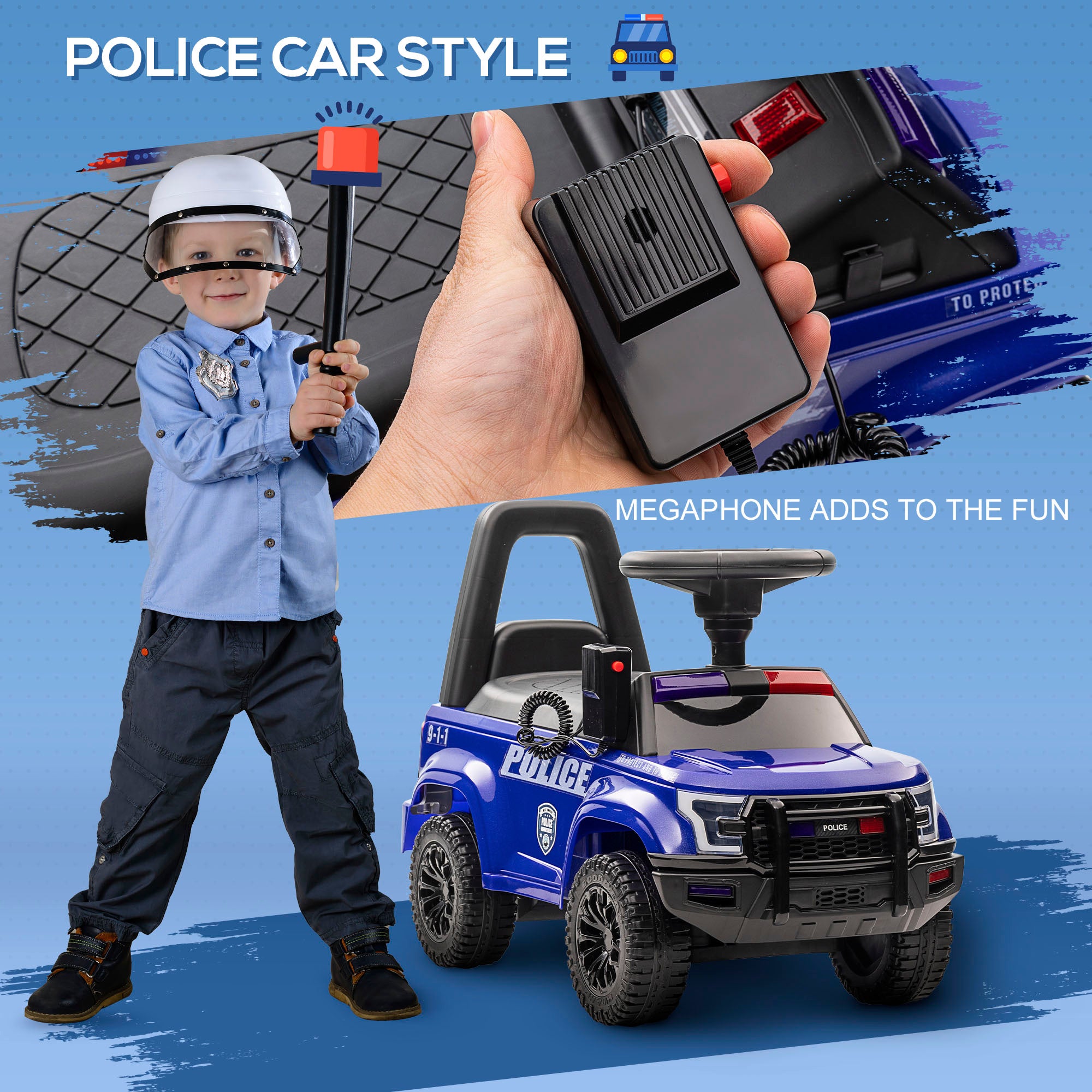 Kids Ride On Sliding Car with Hidden Under Seat Storage, Ride On Police Car for Toddler with Megaphone, Anti Dumping Device, Removable Backrest, Foot-to-Floor Design, Blue Push Cars for Toddlers at Gallery Canada