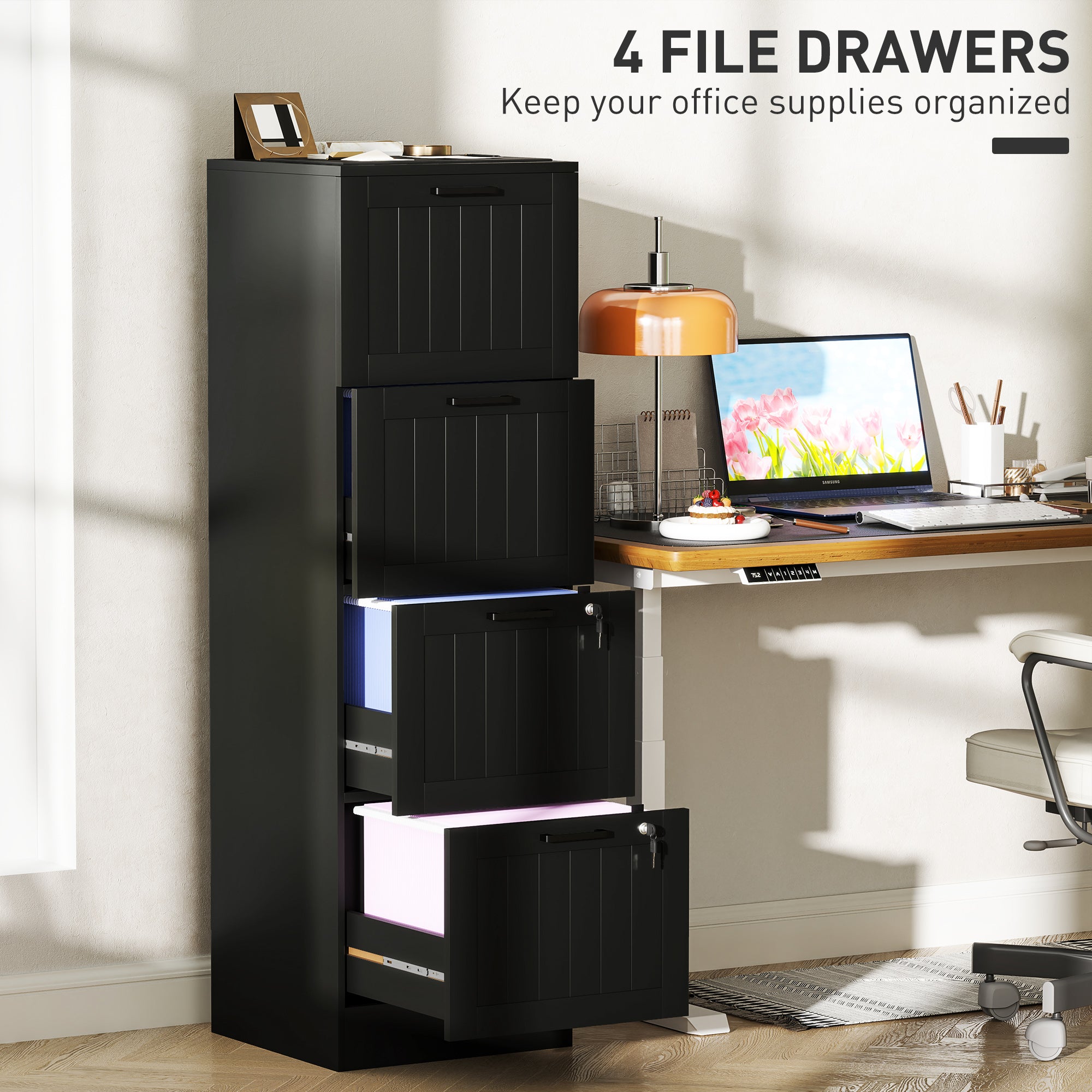 4 Drawer Filing Cabinet with Lock, Office Storage Cabinet with Adjustable Hanging Bars for A4 Letter Size Files, Black Office Cabinets & Cupboards at Gallery Canada
