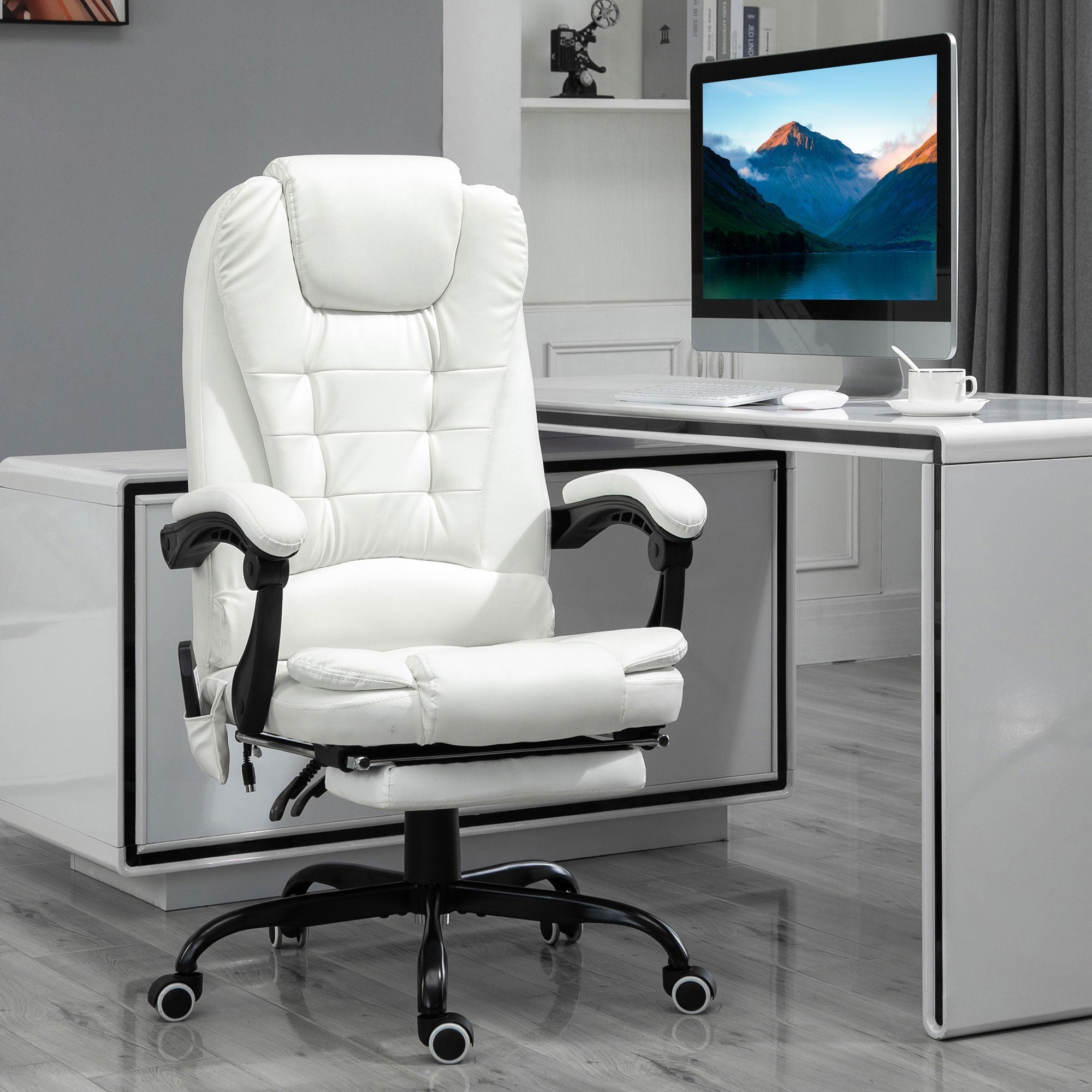 7-Point Vibrating Massage Chair, Reclining Office Chair with Footrest, Reclining Back, Adjustable Height, White Executive & Manager Chairs   at Gallery Canada