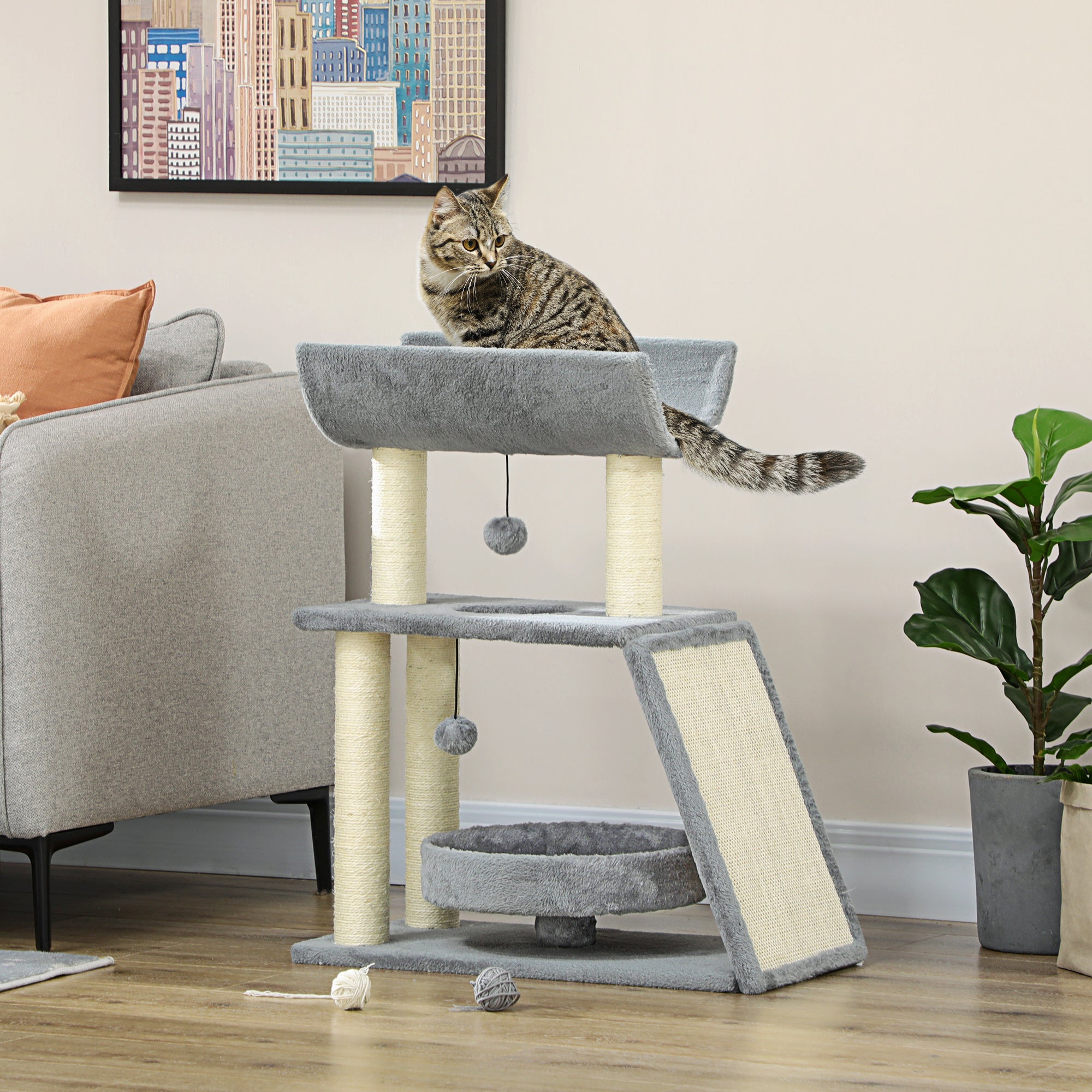 Small Cat Tree with Perch, Scratching Posts, Pad, Bed, Toy Balls, Light Grey Cat Posts   at Gallery Canada