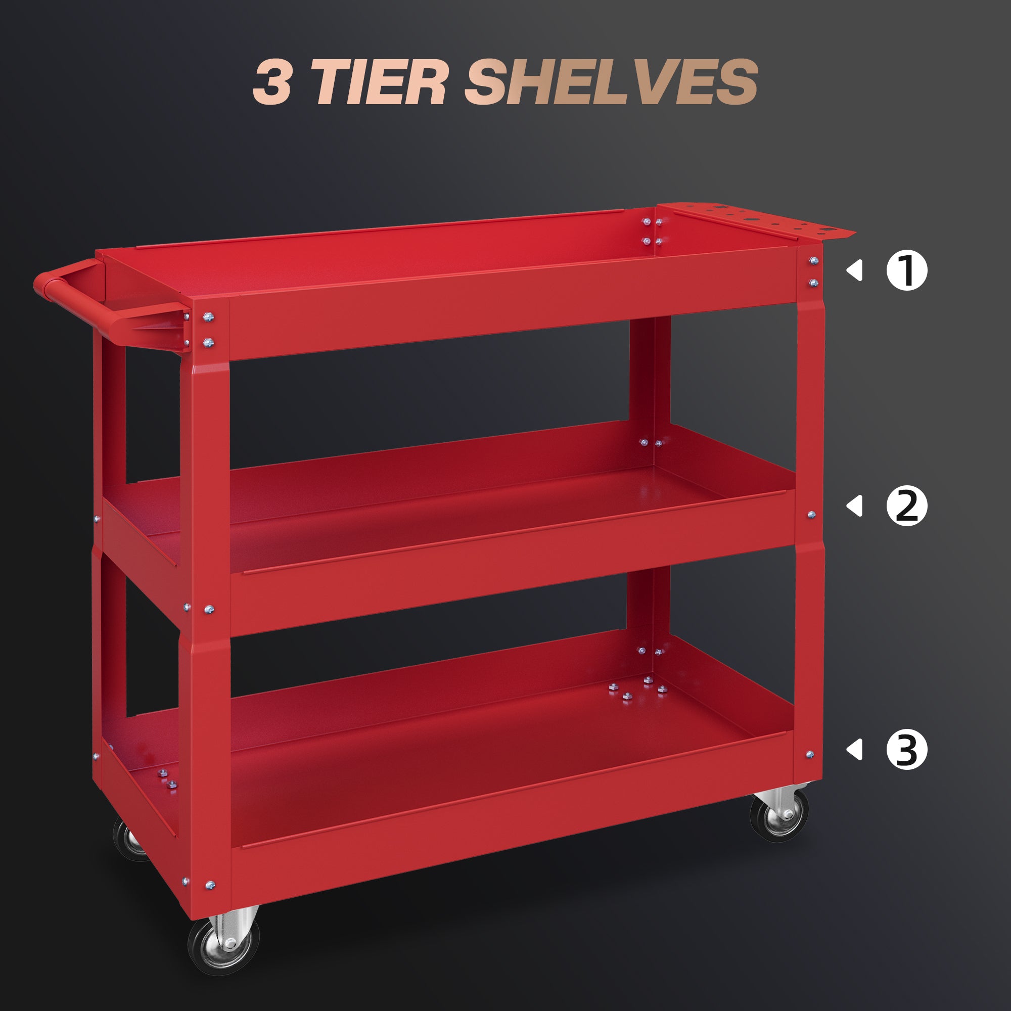 3 Tier Rolling Tool Cart with Wheels, 330 LBS Capacity Heavy Duty Utility Cart, Mobile Service Cart for Garage, Red Tool Organizers at Gallery Canada