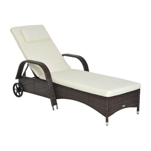 5-Level Adjustable Wicker Chaise Lounge with Cushion & Wheels, Mixed Brown