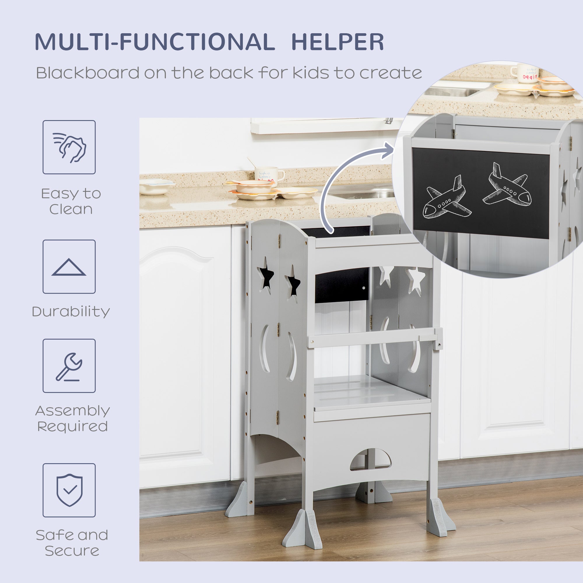 Kids Kitchen Helper Foldable Step Stool Toddler Kitchen Stool with Blackboard Lockable Handrail for 3-6 Years old Grey Toddler & Kids Step Stools at Gallery Canada