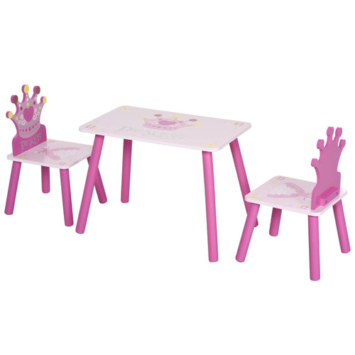 3-Piece Set Kids Wooden Table Chair with Crown Pattern Easy to Clean Gift for Girls Toddlers Age 2-4 Years Old Pink