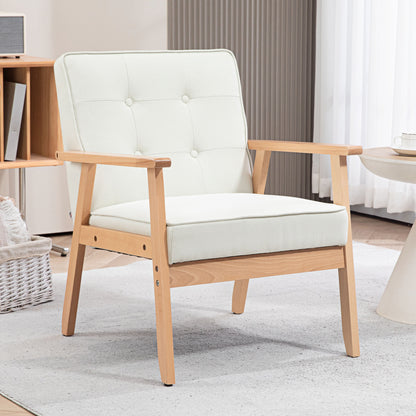 Modern Armchair Fabric, Accent Chair with Tufted Back, Wood Legs and Thick Padding for Living Room, Bedroom, Cream White Accent Chairs   at Gallery Canada