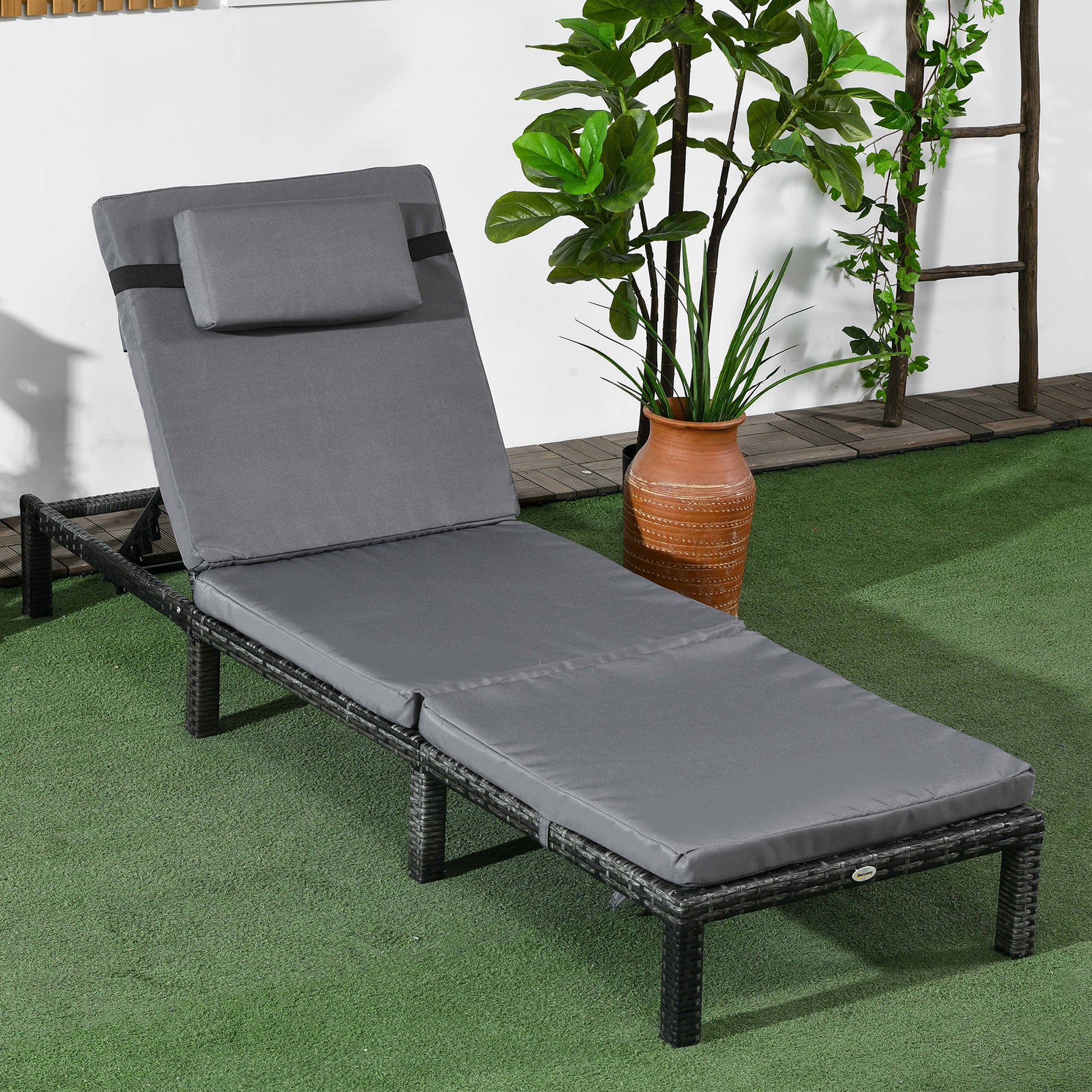 Outdoor Lounger, Patio Lounger with 5-Level Adjustable Back, Headrest for Poolside, Garden, Backyard, Dark Grey Chaise Loungers Dark Grey  at Gallery Canada