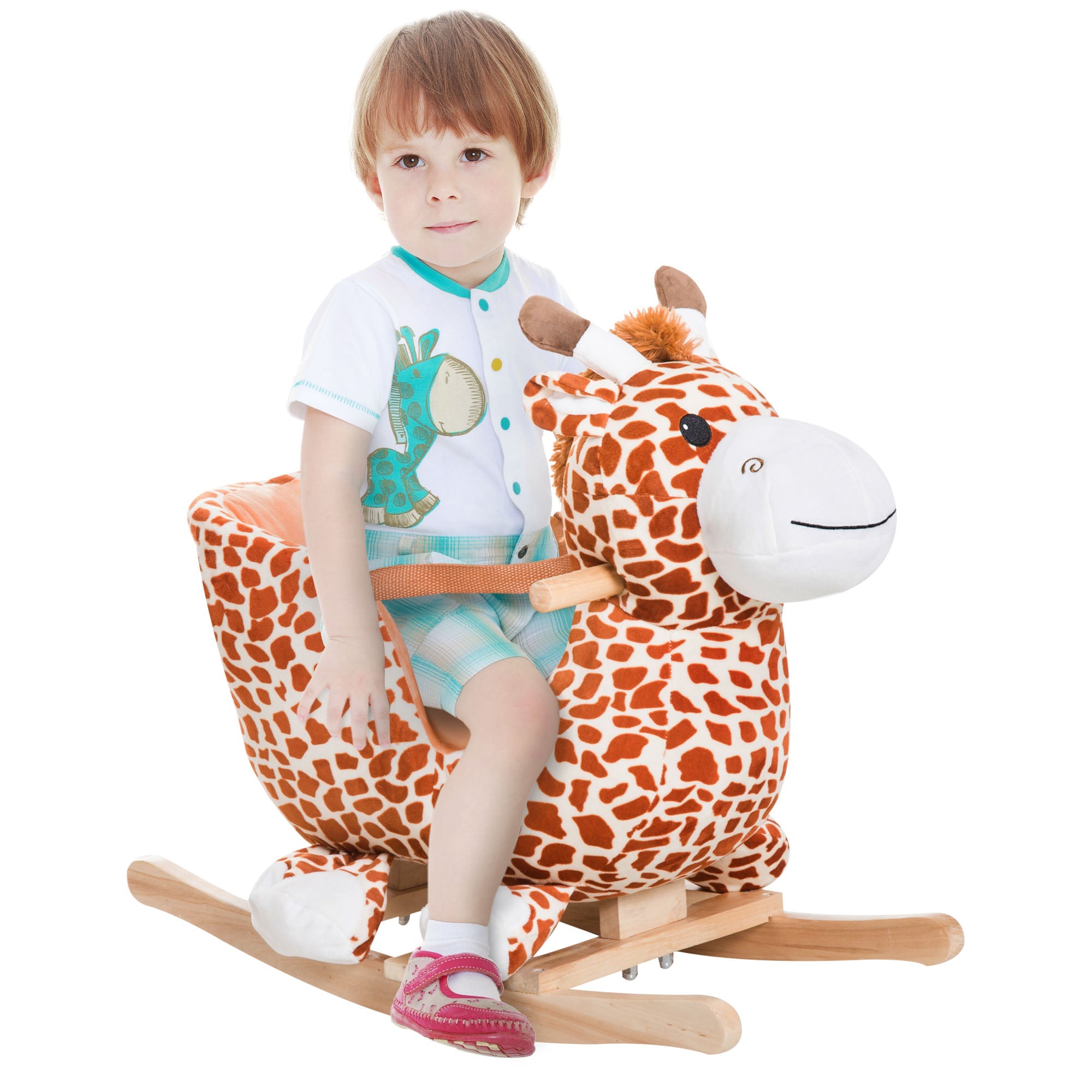 Wooden Plush Children Kids Rocking Horse Chair for Toddlers with Sound and Safety Belt, Giraffe Theme Rocking Horses   at Gallery Canada