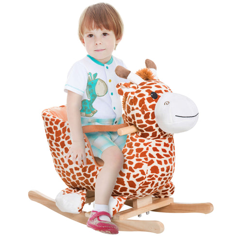 Wooden Plush Children Kids Rocking Horse Chair for Toddlers with Sound and Safety Belt, Giraffe Theme