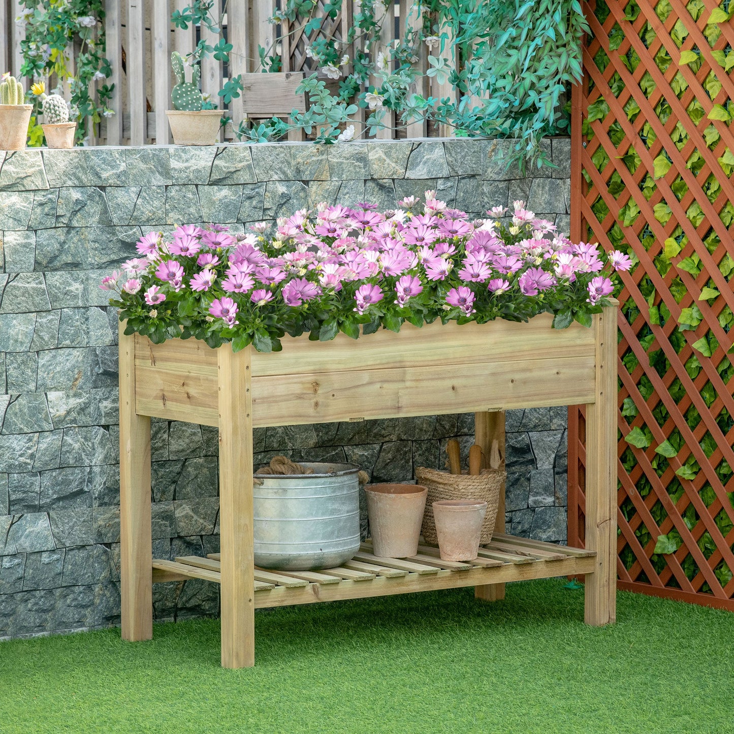 Elevated Wooden Planter Box with Legs and Storage Shelf, 45"x22"x33", Light Green Elevated Garden Beds   at Gallery Canada