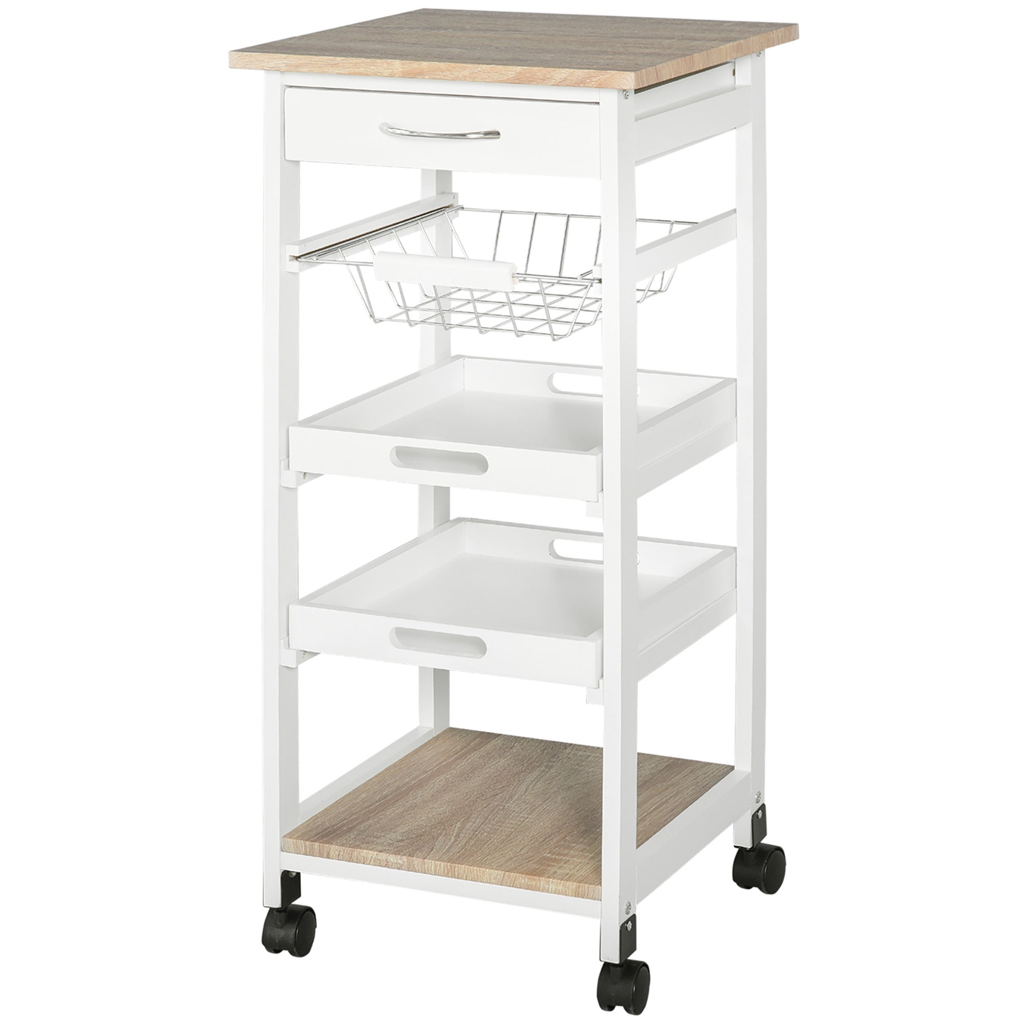 Rolling Kitchen Island Cart, Mobile Utility Storage Cart with Drawer, Wire Storage Basket, Removable Tray, White Kitchen Islands & Kitchen Carts at Gallery Canada