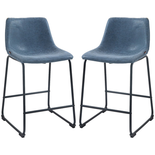 Counter Height Bar Stools Set of 2, Vintage PU Leather Bar Chairs, Kitchen Stools w/ Footrest for Home Bar, Blue