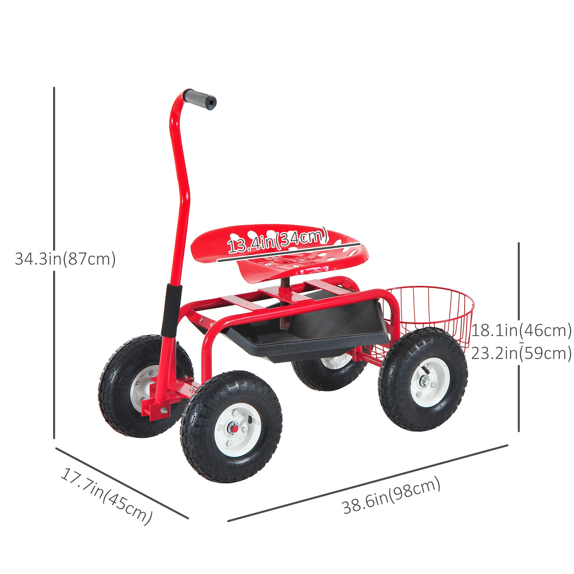 Garden Scooter, Rolling Cart with Swivel and Adjustable Seat, Tool Tray, Bucket Basket, Red and Black Folding Garden Carts at Gallery Canada