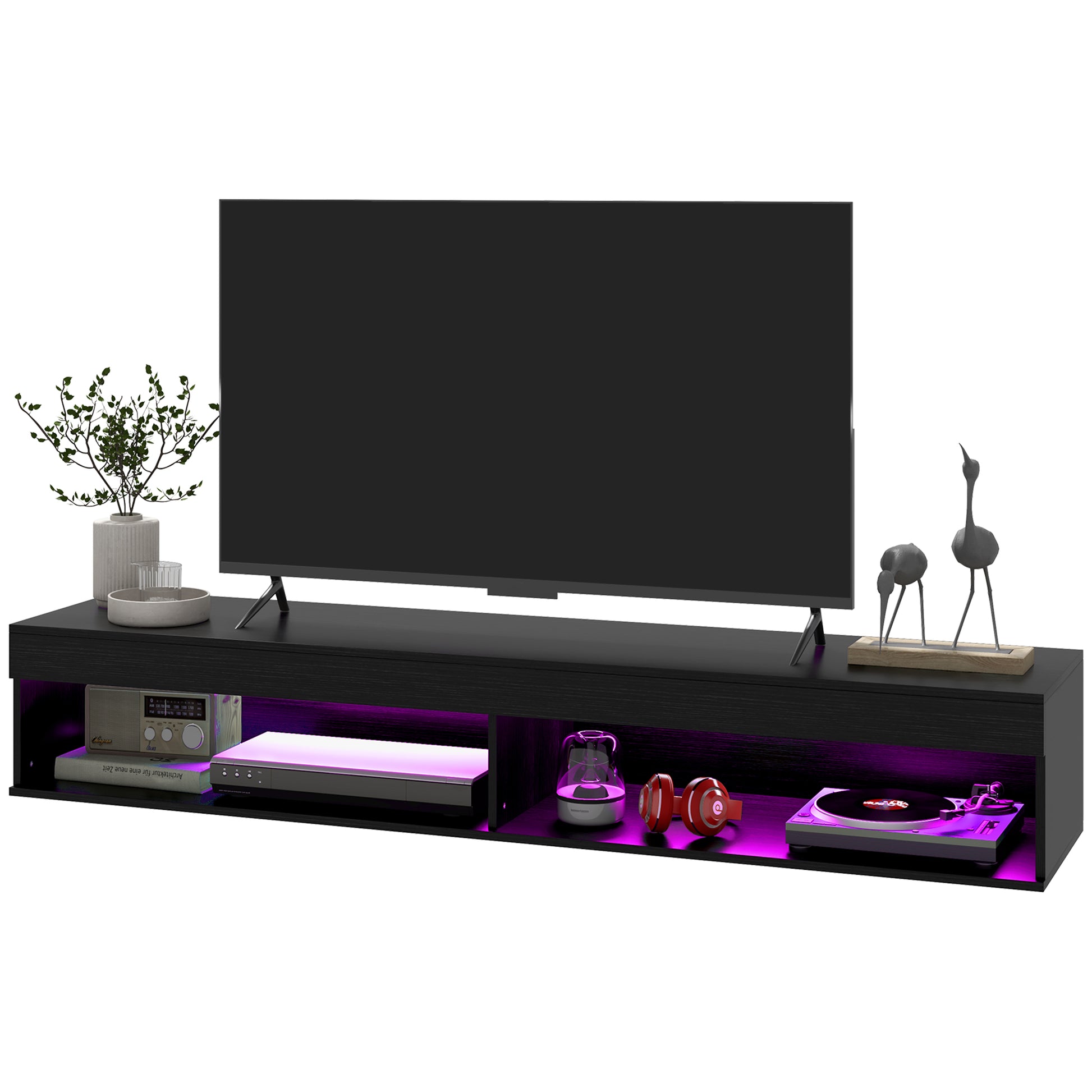 Modern Wall Mounted TV Stand with Storage and LED Lights for TVs up to 75", Floating TV Shelf for Living Room, Black TV Stands   at Gallery Canada