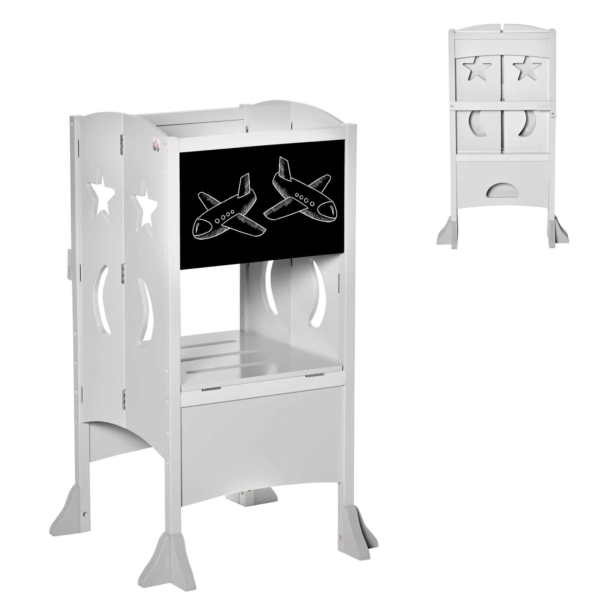 Kids Kitchen Helper Foldable Step Stool Toddler Kitchen Stool with Blackboard Lockable Handrail for 3-6 Years old Grey Toddler & Kids Step Stools Grey at Gallery Canada