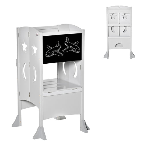 Kids Kitchen Helper Foldable Step Stool Toddler Kitchen Stool with Blackboard Lockable Handrail for 3-6 Years old Grey