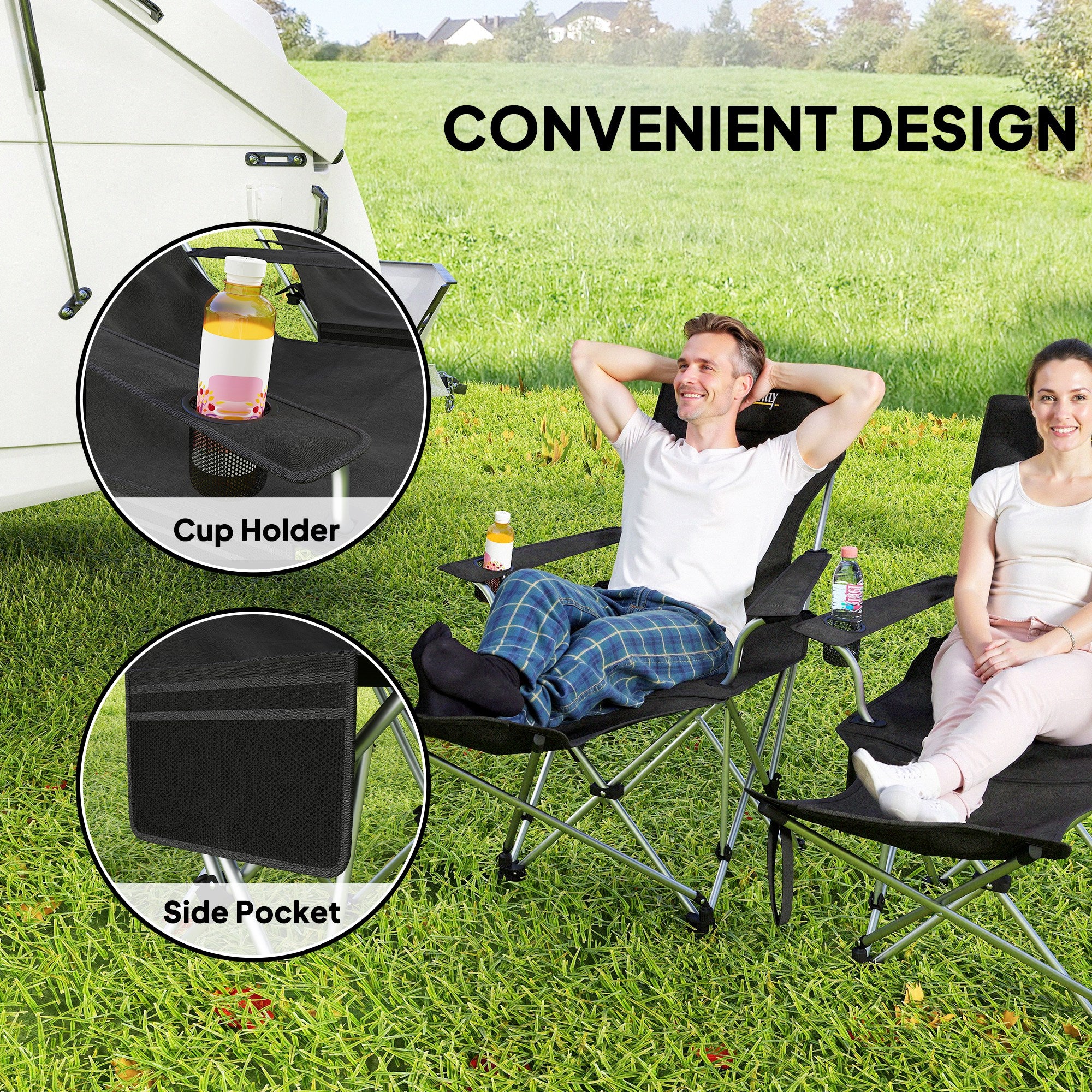 Set of 2 Reclining Camping Chair with Foot Rest, Folding Camping Chair w/ Headrest, Cup Holder, Storage Bag, Black Picnic Tables & Camping Chairs at Gallery Canada