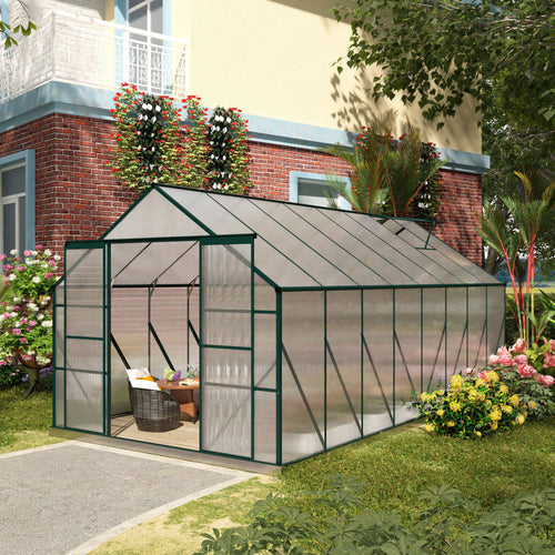 16' x 8' Aluminum Polycarbonate Greenhouse Walk-in Garden Greenhouse Kit with Adjustable Roof Vent, Rain Gutter and Sliding Door for Winter, Green