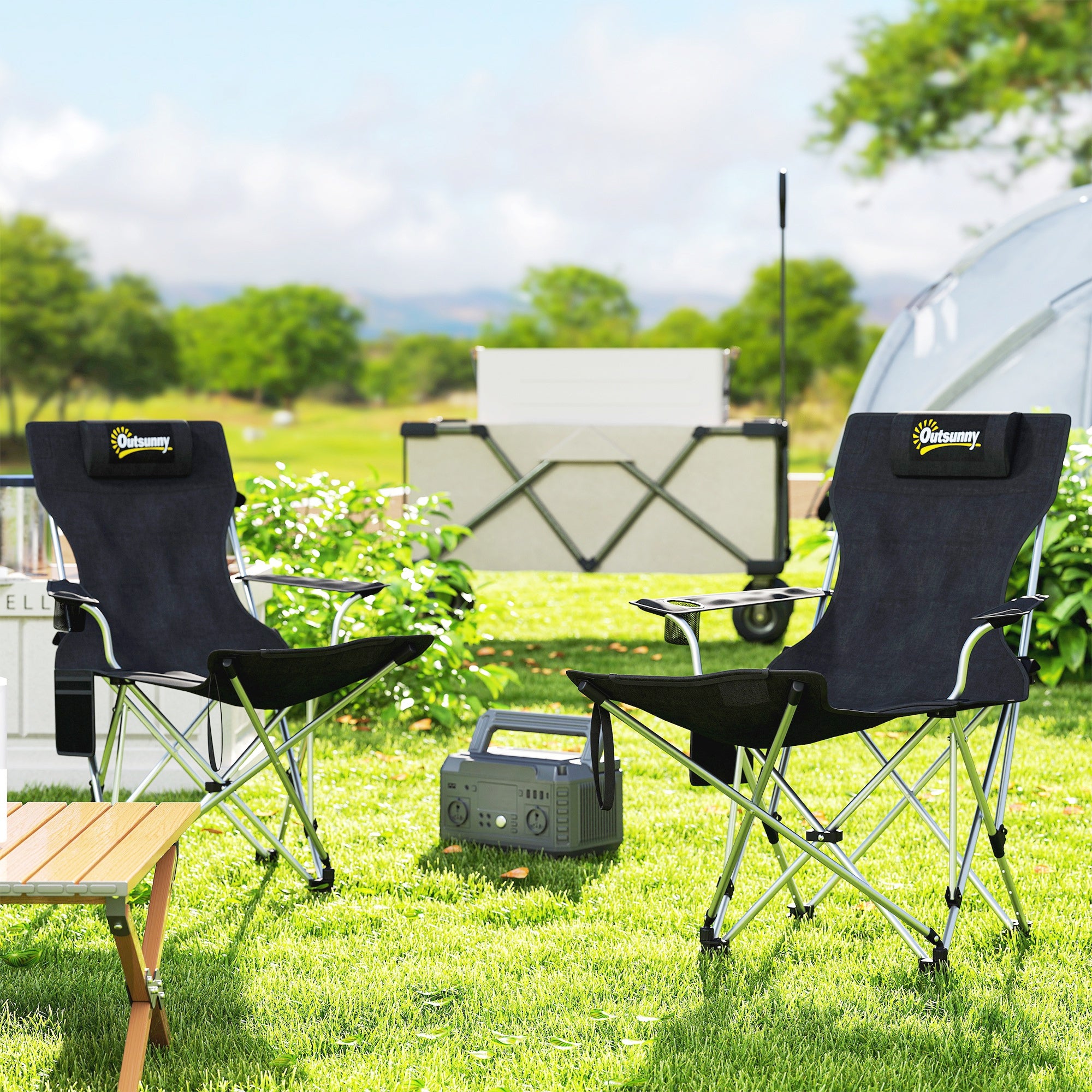 Set of 2 Reclining Camping Chair with Foot Rest, Folding Camping Chair w/ Headrest, Cup Holder, Storage Bag, Black Picnic Tables & Camping Chairs at Gallery Canada