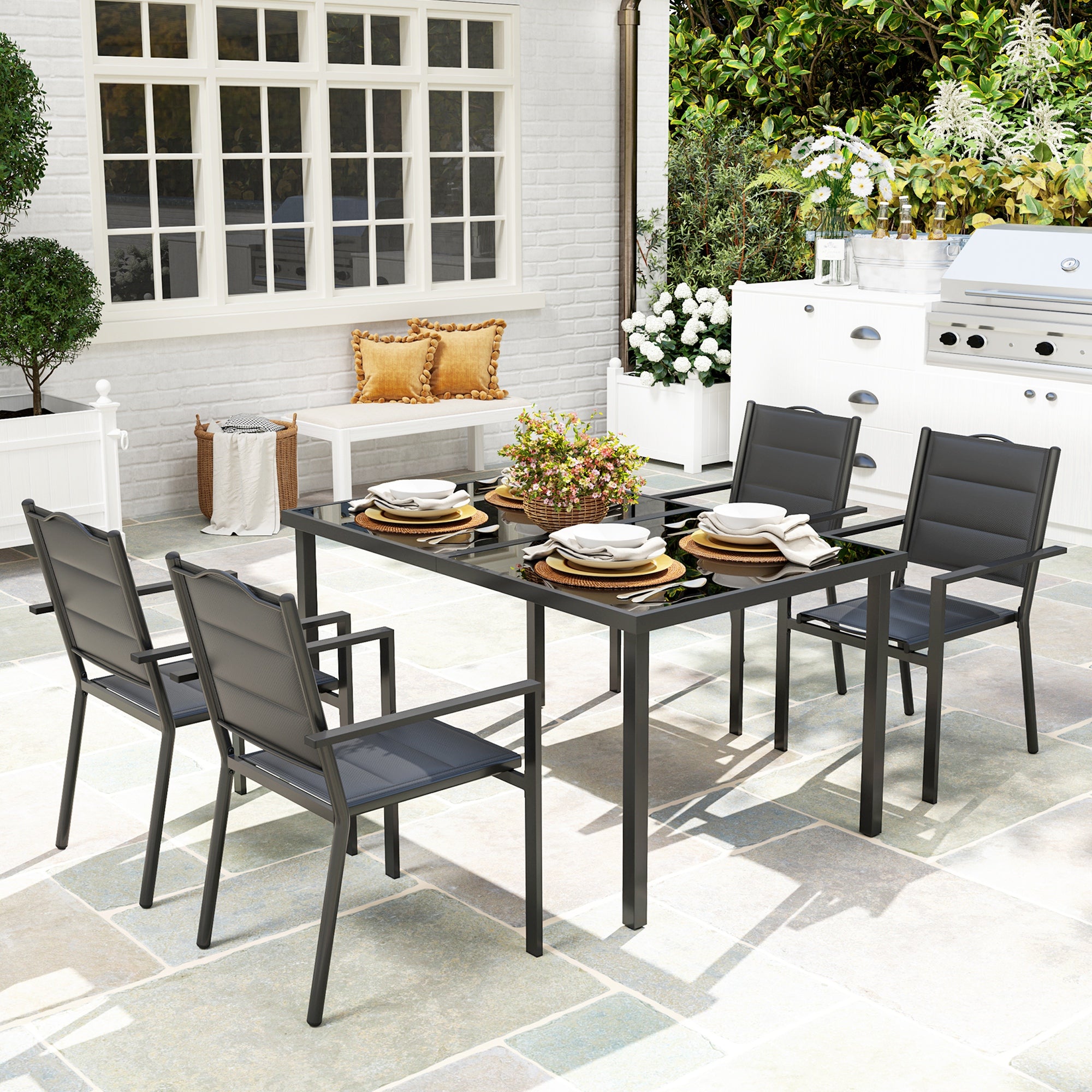 5 Piece Outdoor Dining Set w/ 4 Stackable Chairs, Rectangle Table, Tempered Glass Top, Steel Frame, Black Outdoor Dining Sets at Gallery Canada