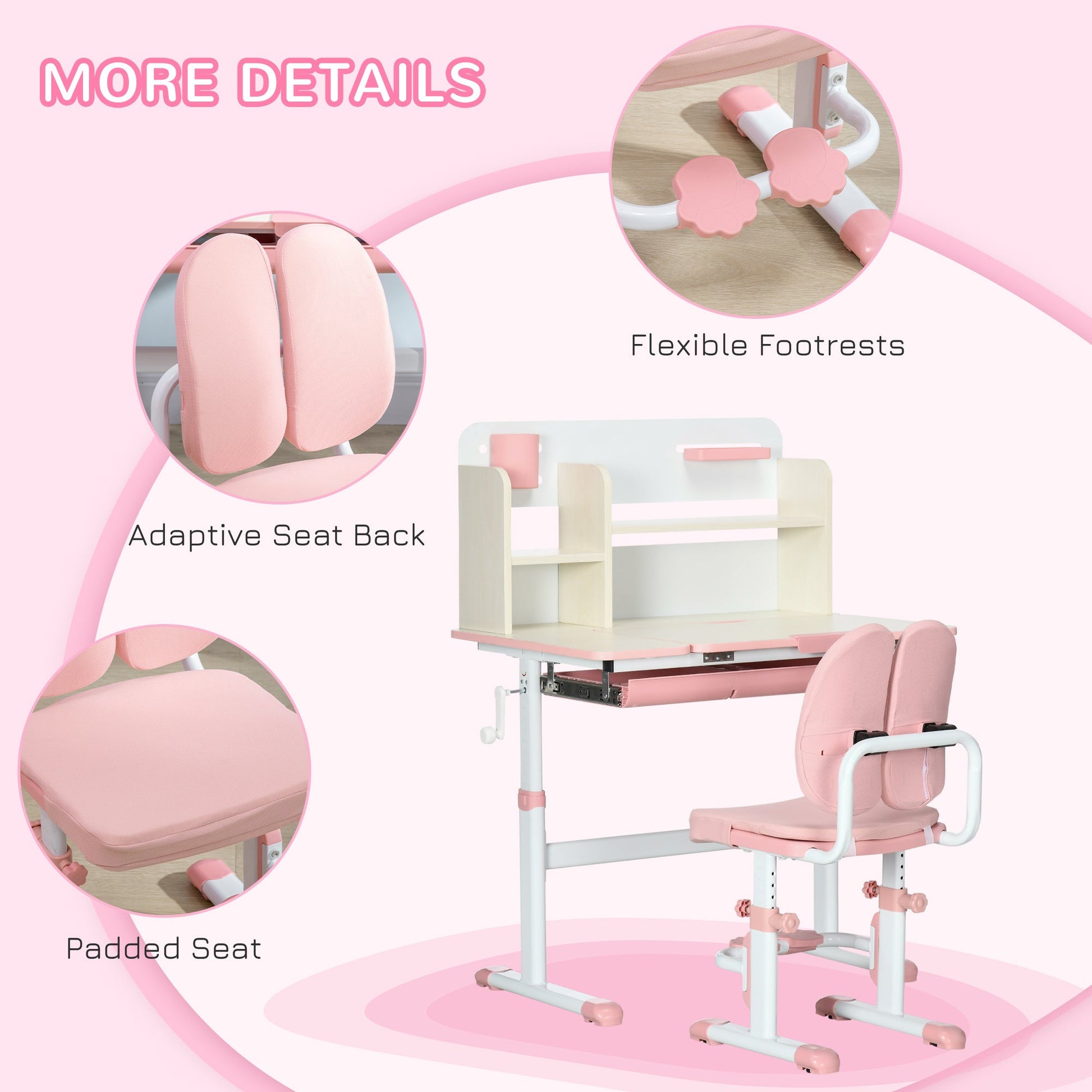 Kids Desk and Chair Set, Height Adjustable Student Writing Desk &; Chair with Adaptive Seat Back, Footrests, Bookshelf, Drawer, Pen Holder, Pink - Gallery Canada