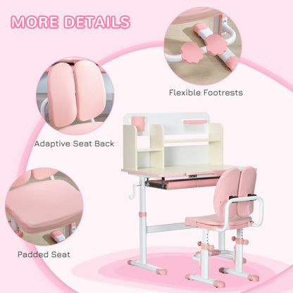 Kids Desk and Chair Set, Height Adjustable Student Writing Desk &; Chair with Adaptive Seat Back, Footrests, Bookshelf, Drawer, Pen Holder, Pink Kids Desk Sets   at Gallery Canada