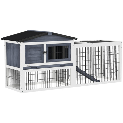 Wood Rabbit Hutch w/ Ramp, Openable Roof, Pull-out Tray, Dark Grey