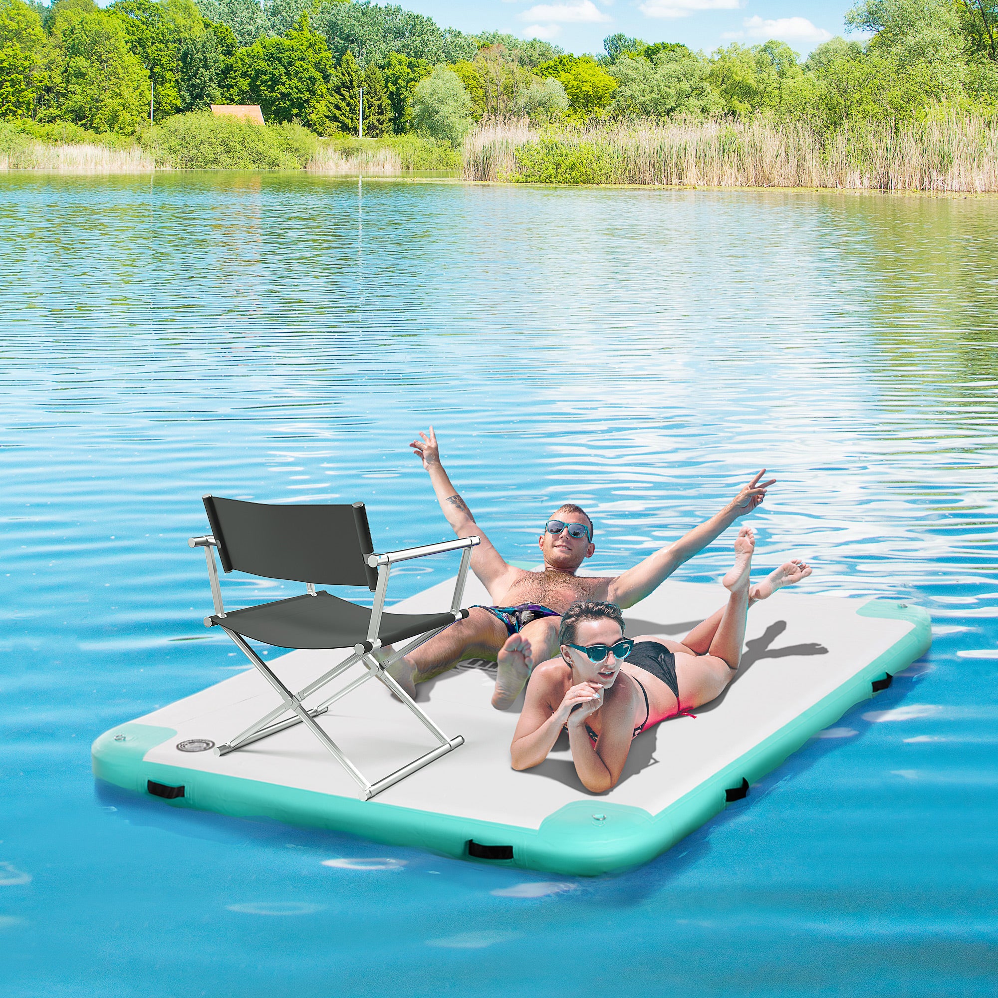 8' x 6' Water Floating Dock, Rafting Inflatable Island with Air Pump and Backpack for Pool, Beach, Ocean, Blue &; Green Floating Water Mats at Gallery Canada