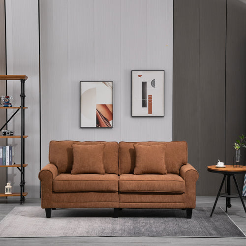 Modern 3 Seater Sofa, Corduroy Fabric 3 Seater Couch with Pine Wood Legs and Rolled Armrests for Living Room, Brown