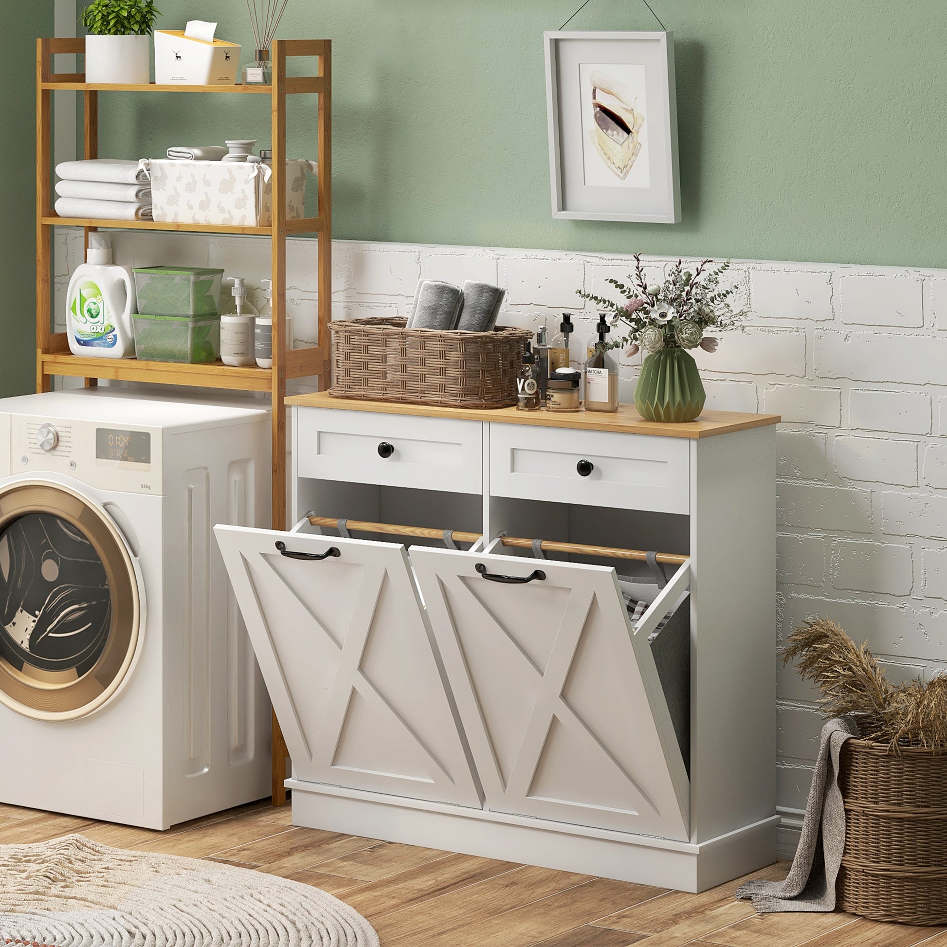 Tilt Out Laundry Cabinet, Bathroom Storage Cabinet with 2 Removable Baskets and 2 Drawers, White Bathroom Cabinets White  at Gallery Canada