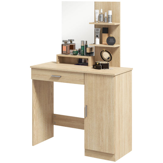 Dressing Table, Vanity Table with Mirror, Drawer and Storage Shelves for Bedroom, 35.4" x 15" x 54.3", Maple Wood Dressing & Vanity Tables   at Gallery Canada