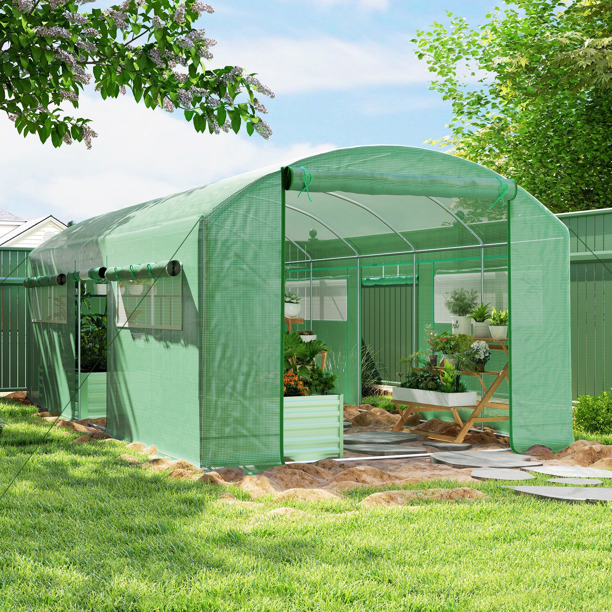 19.5' x 10' x 7.5' Walk-in Tunnel Greenhouse with 3 Roll-Up Doors and Large Mesh Windows, Outdoor Green House, Plant Hot House Tent with Galvanized Steel Frame, Green Tunnel Greenhouses Green at Gallery Canada