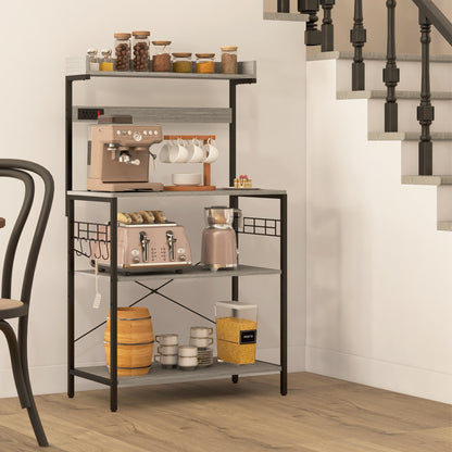 Kitchen Baker's Rack with Power Outlet, Coffee Bar Station with Adjustable Shelves and Hooks, Distressed Grey Bar Cabinets   at Gallery Canada