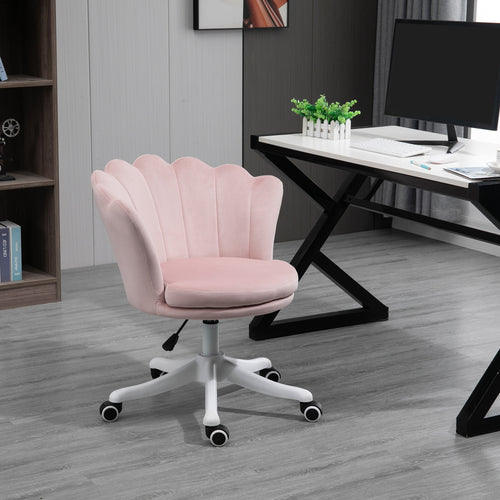 Adjustable Height Study Chair, Mid Back Velvet Office Chair with Swivel Wheels for Living Room, Study, Pink