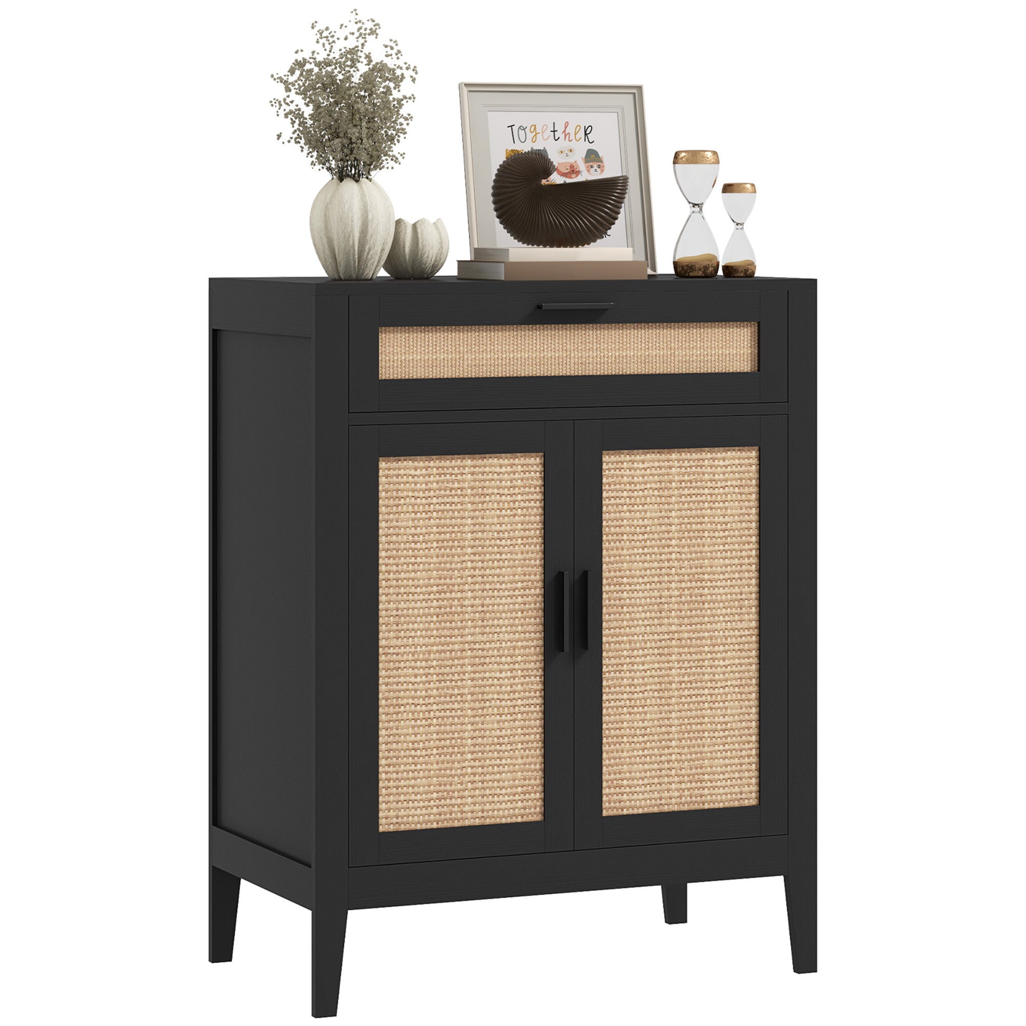 Kitchen Sideboard, Boho Storage Cabinet with 2 Rattan Decorated Doors and Drawer for Dining Room, Black Storage Cabinets   at Gallery Canada