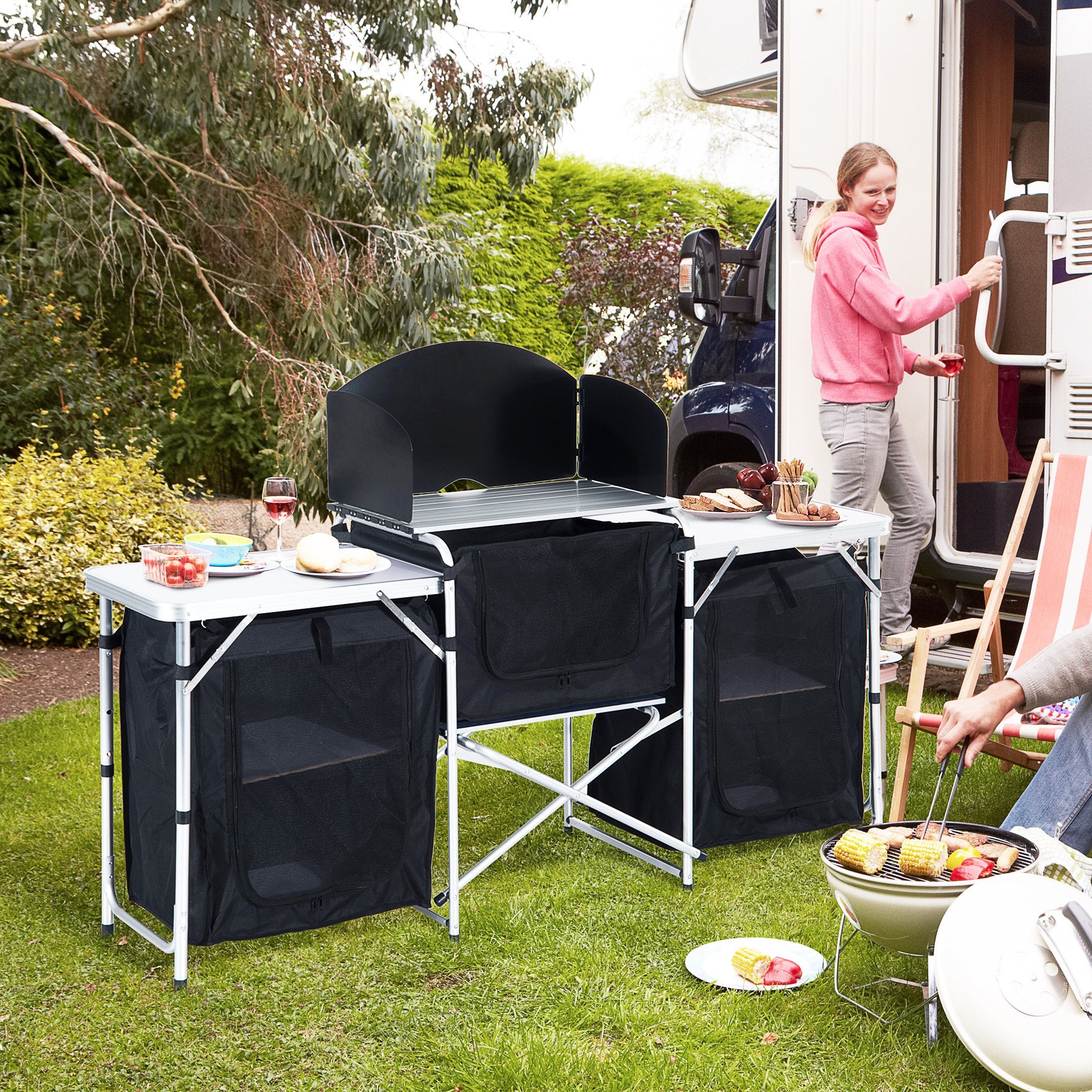 Folding Camping Kitchen Table with Carrying Bag, Windscreen and 3 Enclosed Cupboards, Aluminum Cook Station, Black Picnic Tables & Camping Chairs at Gallery Canada